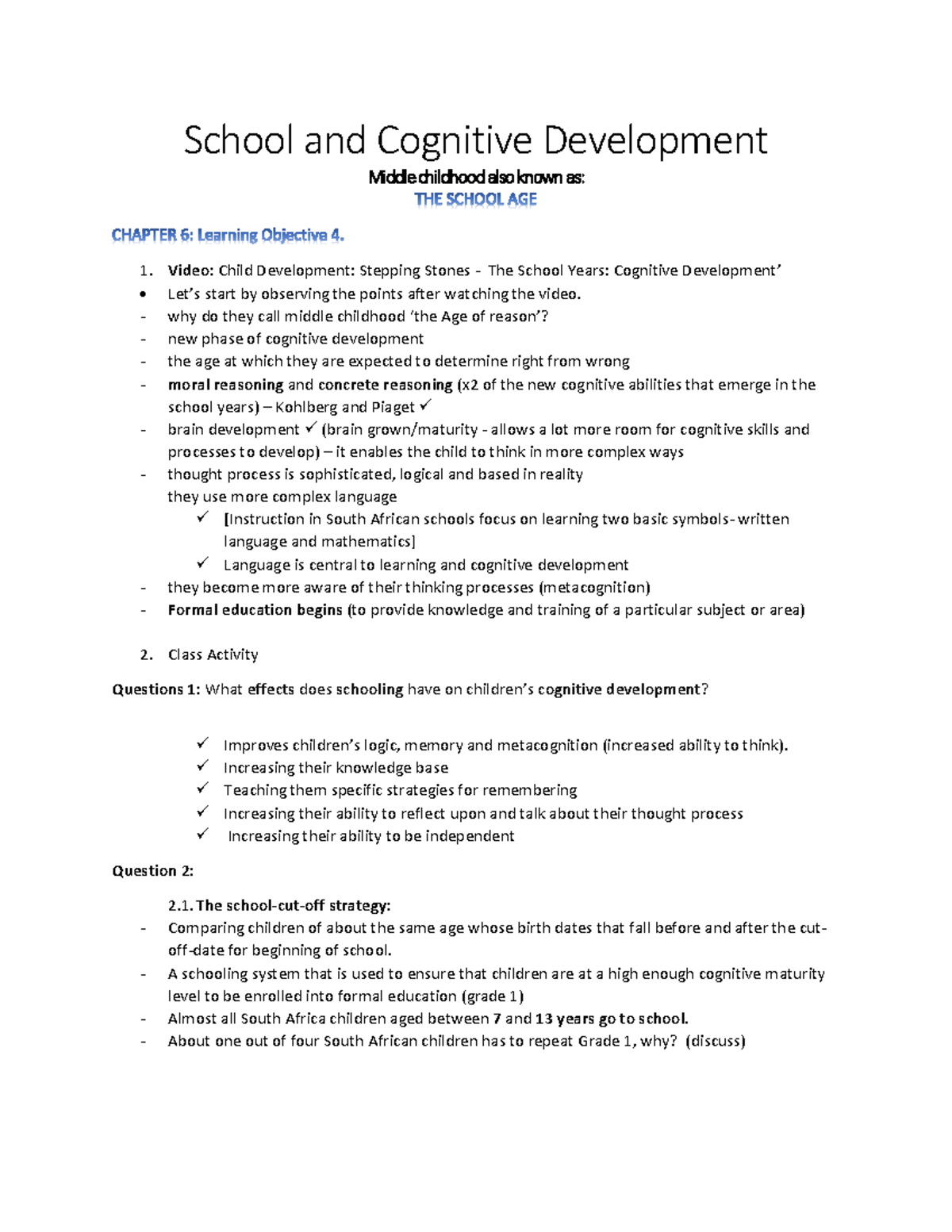Class Activity Summary chapter 6 pdf - School and Cognitive Development ...