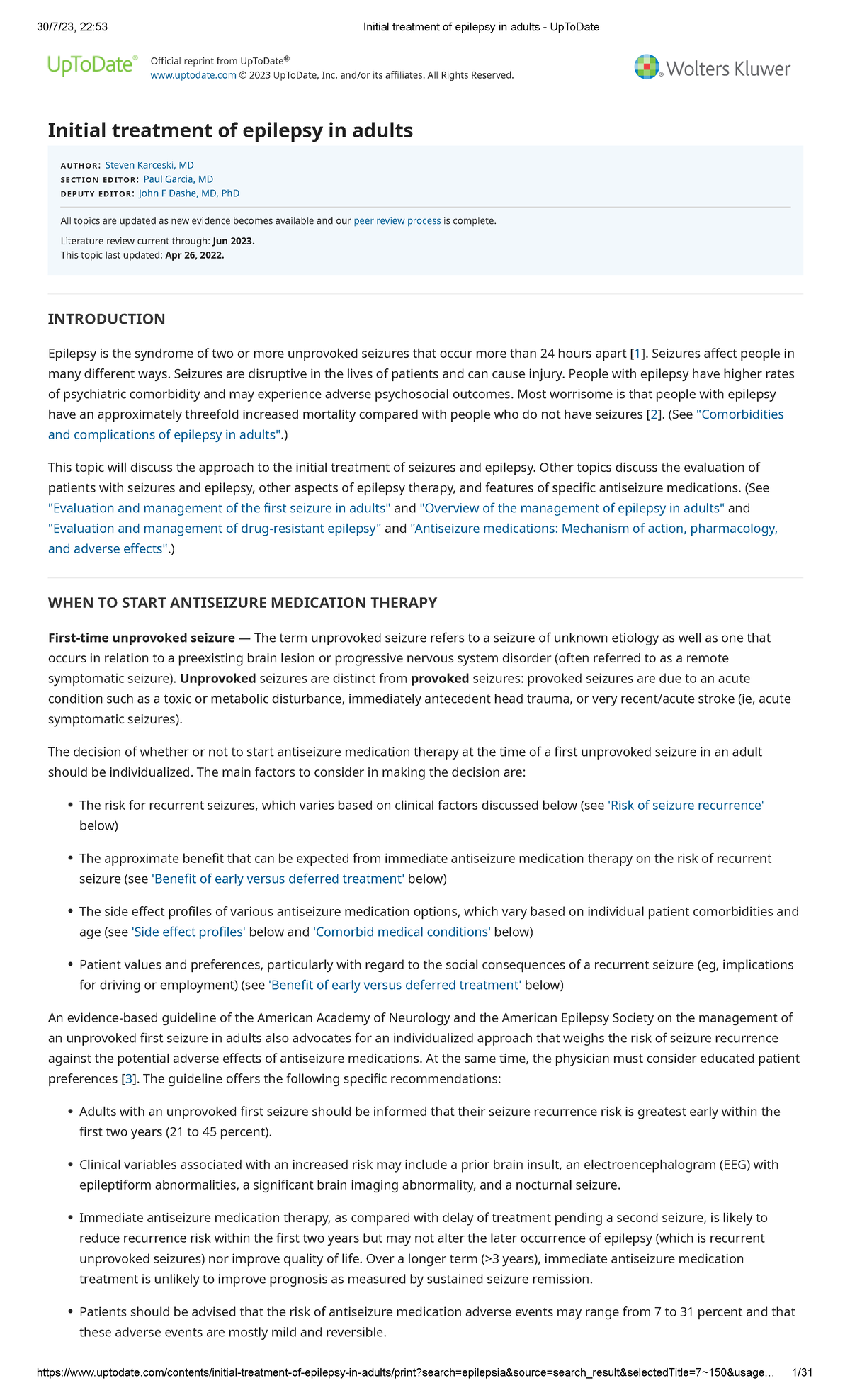 Initial treatment of epilepsy in adults - UpToDate - - Studocu