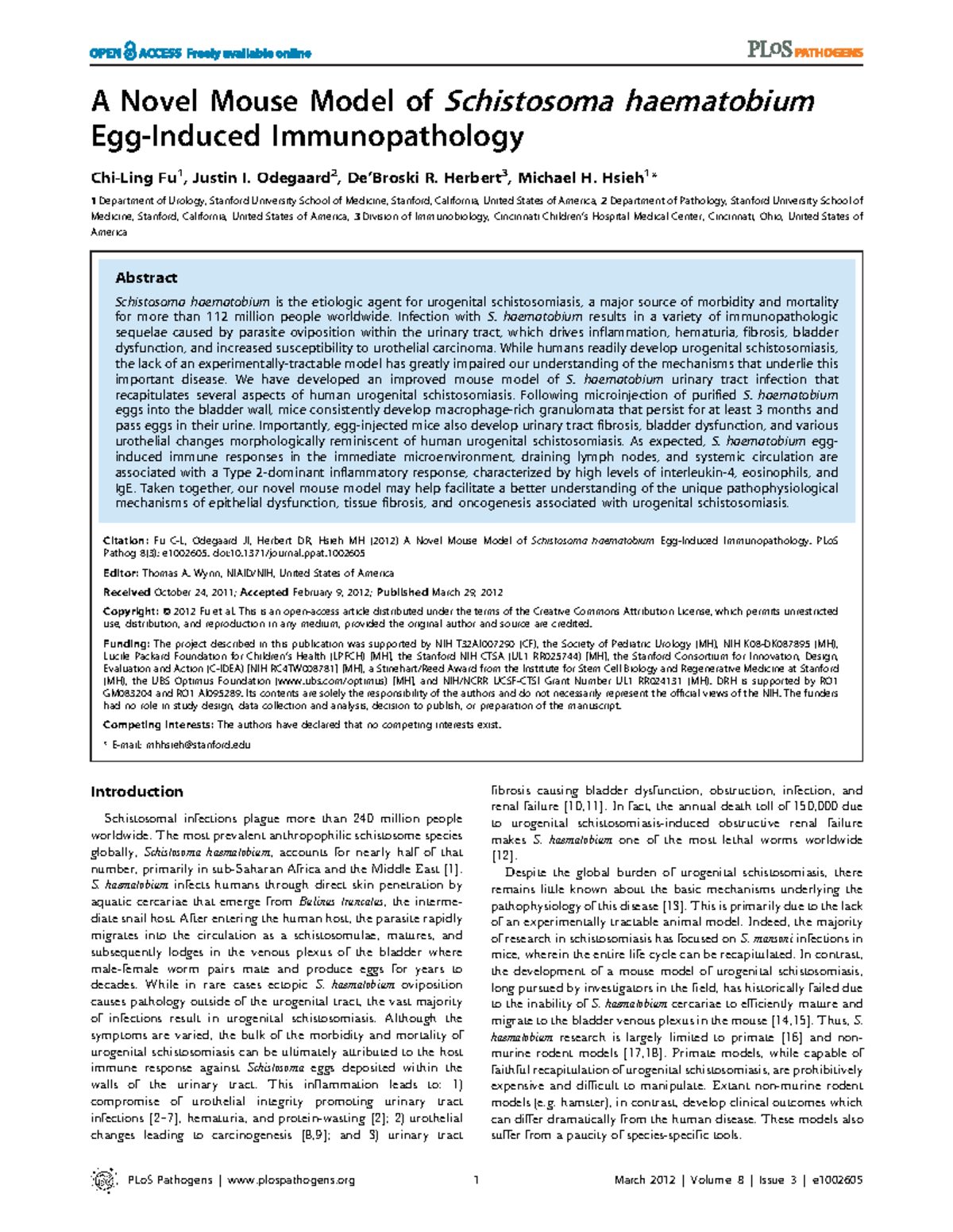 A Novel Mouse Model of Schistosoma haematobium - A Novel Mouse Model of ...