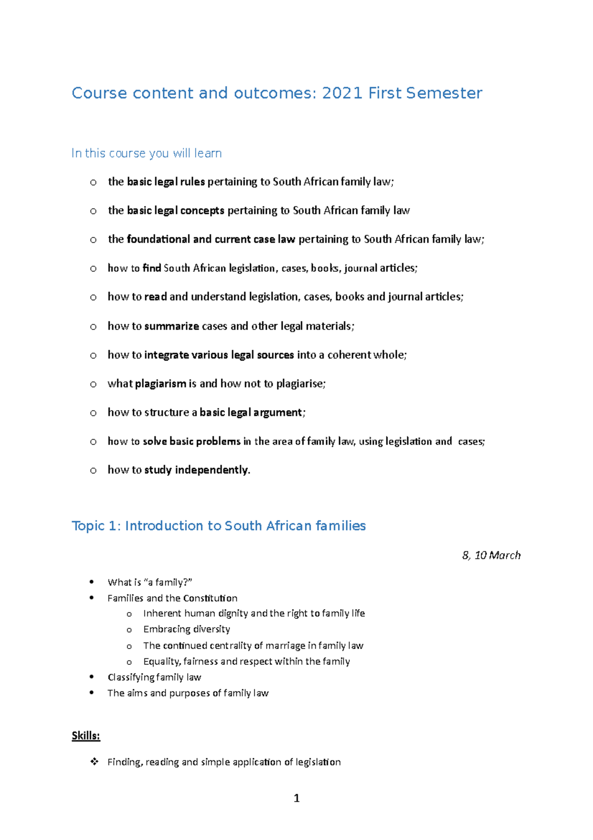 Course content first semester 2021 - Course content and outcomes: 2021 ...
