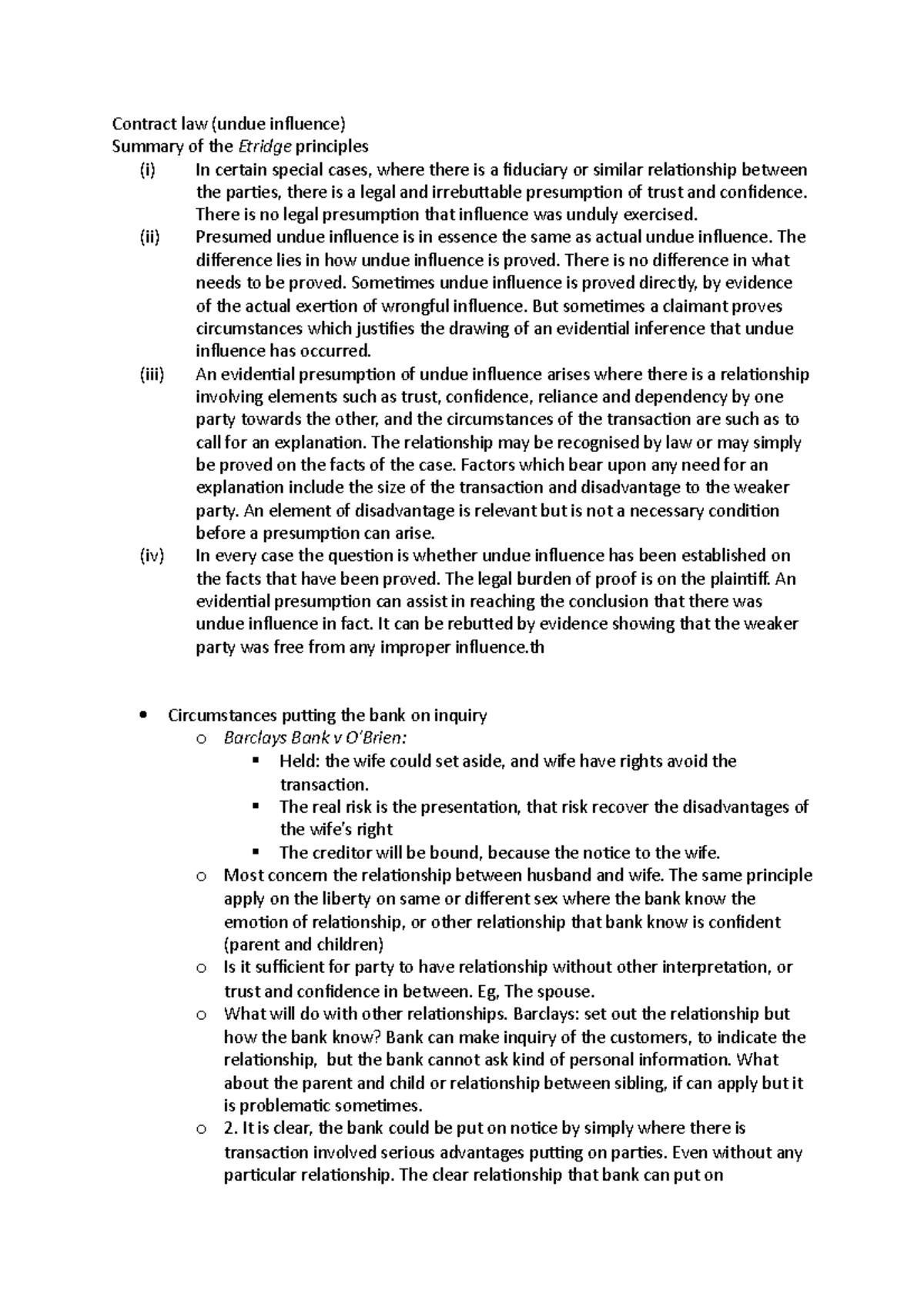 Undue Influence - Contract Law (undue Influence) Summary Of The Etridge 