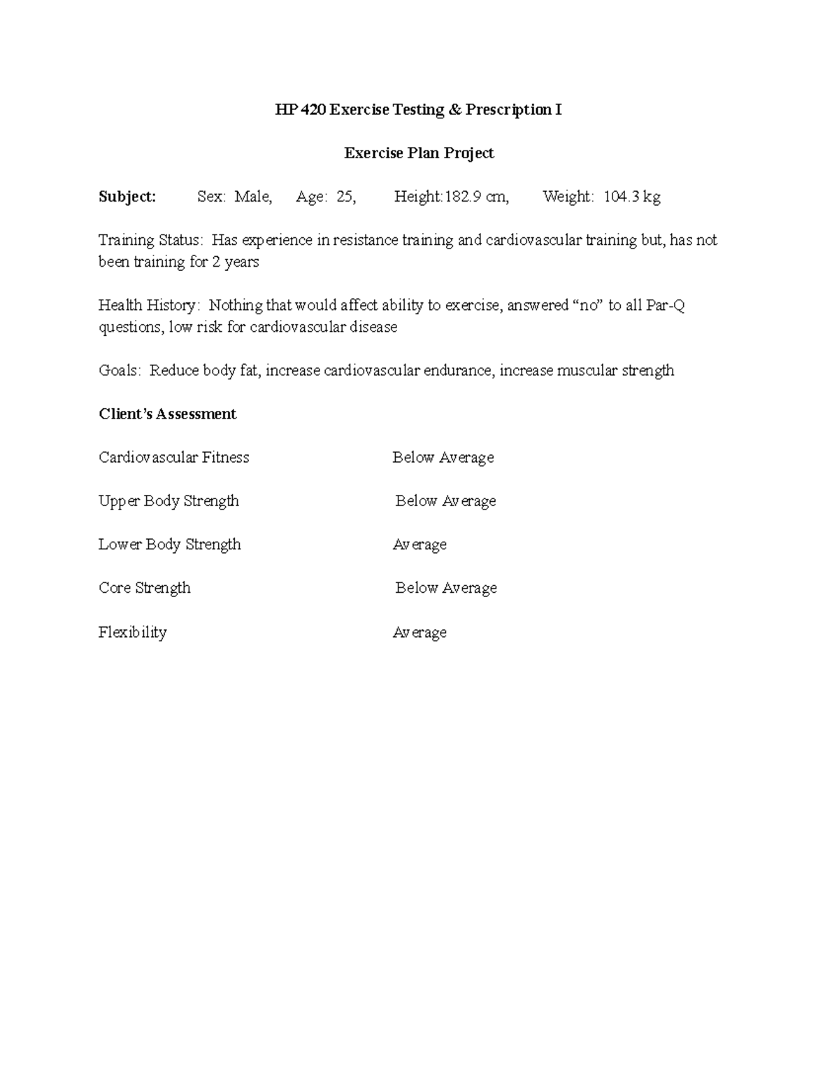 Exercise Testing and Prescription I Final Project - HP 420 Exercise ...