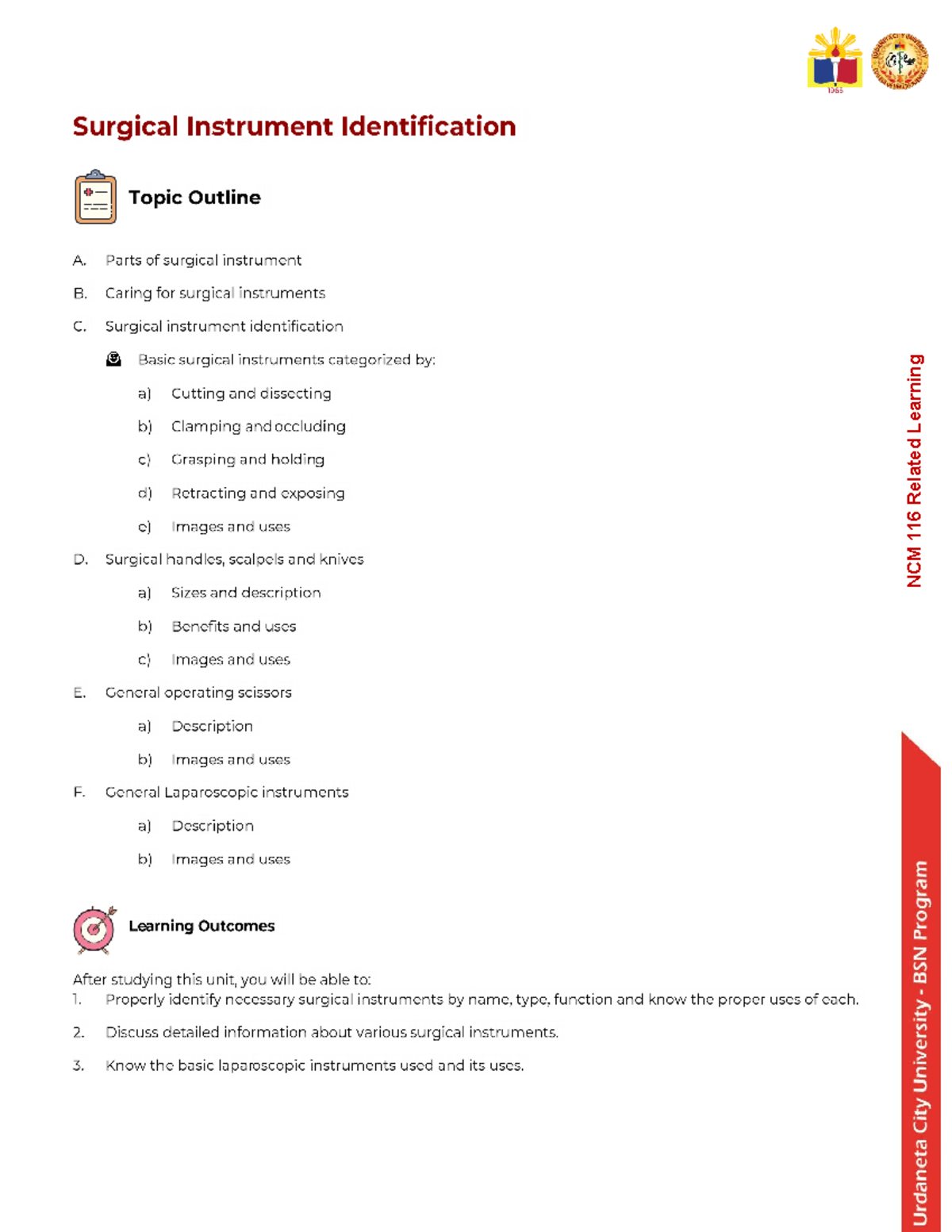 Study Guide Instruments NCM 116 Related Learning All information
