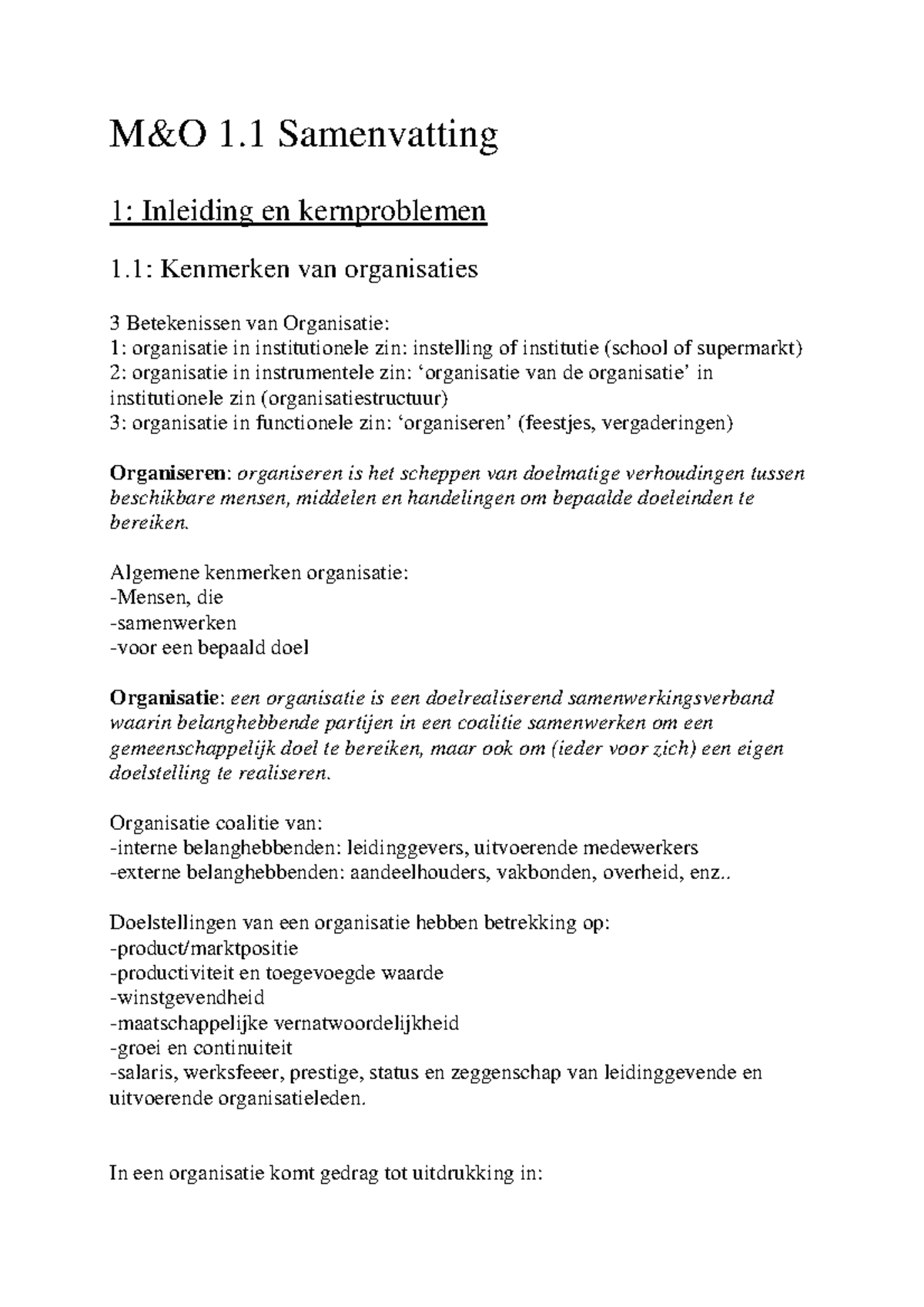 Samenvatting Management En Organisatie H1-7 - M&O 1 Samenvatting 1 ...