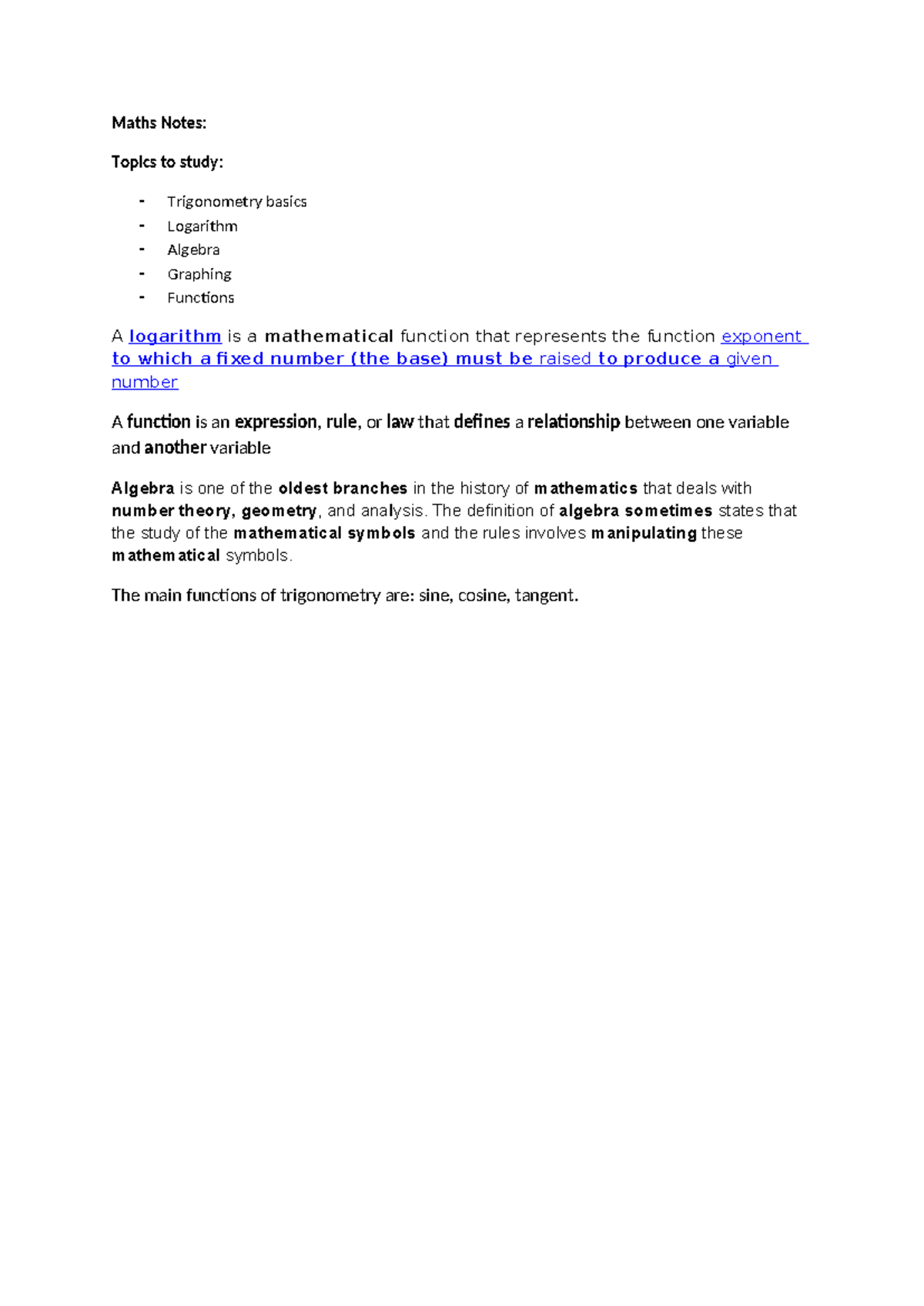 Maths Notes Maths Notes Topics to study Trigonometry basics