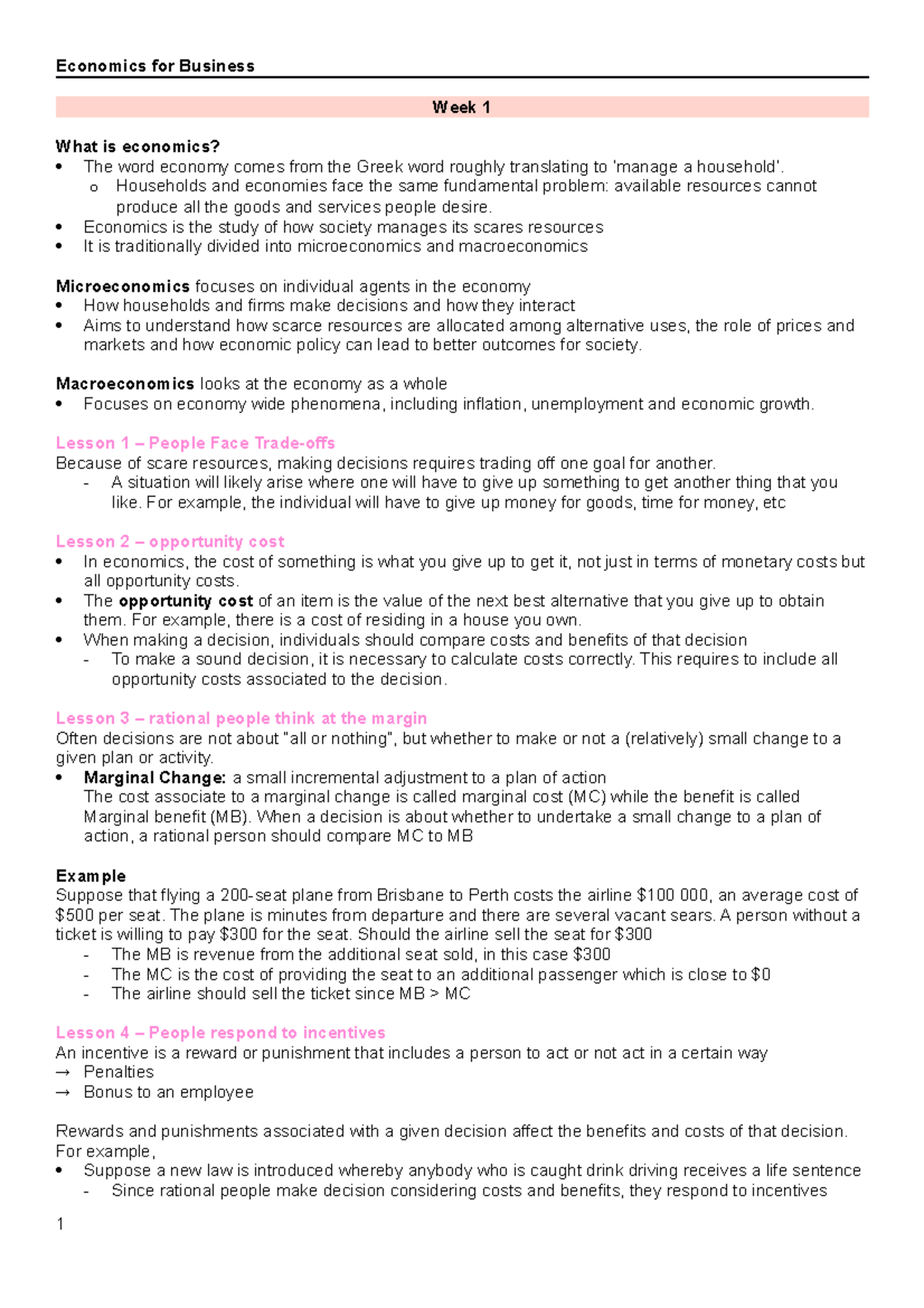 Economics For Business Notes - Economics For Business Week 1 What Is ...