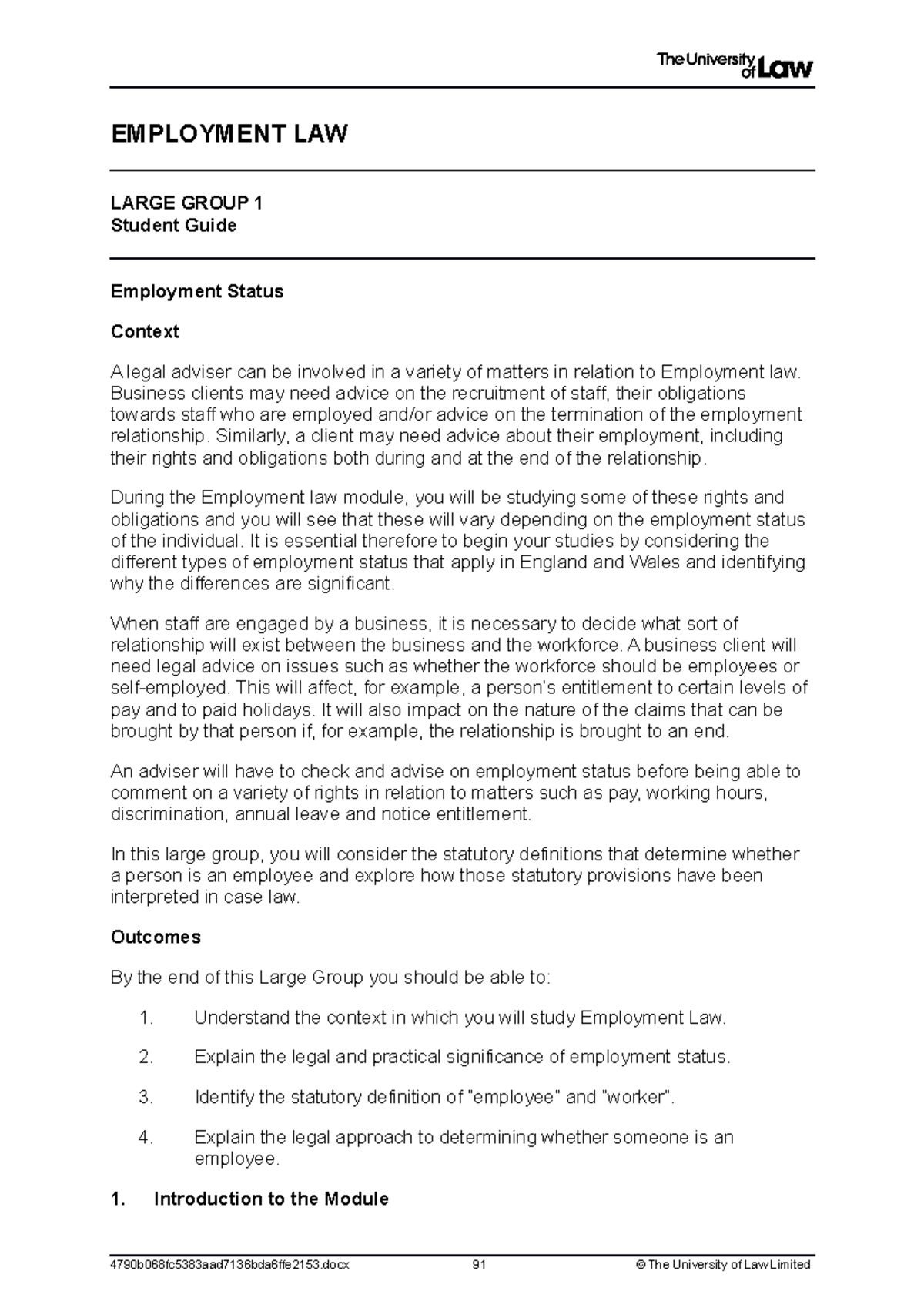 Employment Law Lecture 1 - EMPLOYMENT LAW LARGE GROUP 1 Student Guide ...