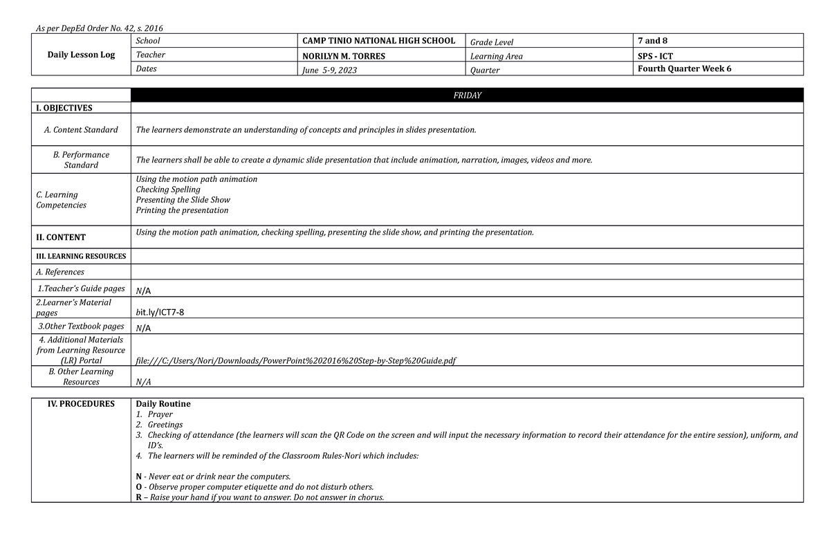 ICT 7and8 Week 6 - for reference - As per DepEd Order No. 42, s. 2016 ...