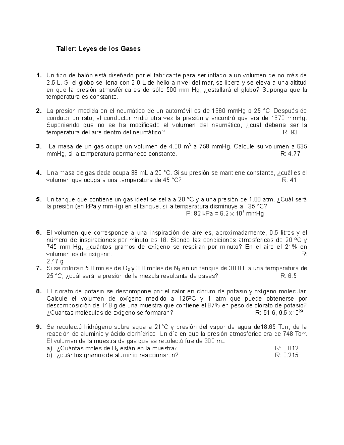 Hoja De Trabajo Con Respuestas Sobre Las Leyes De Los Gases Ideales Y ...