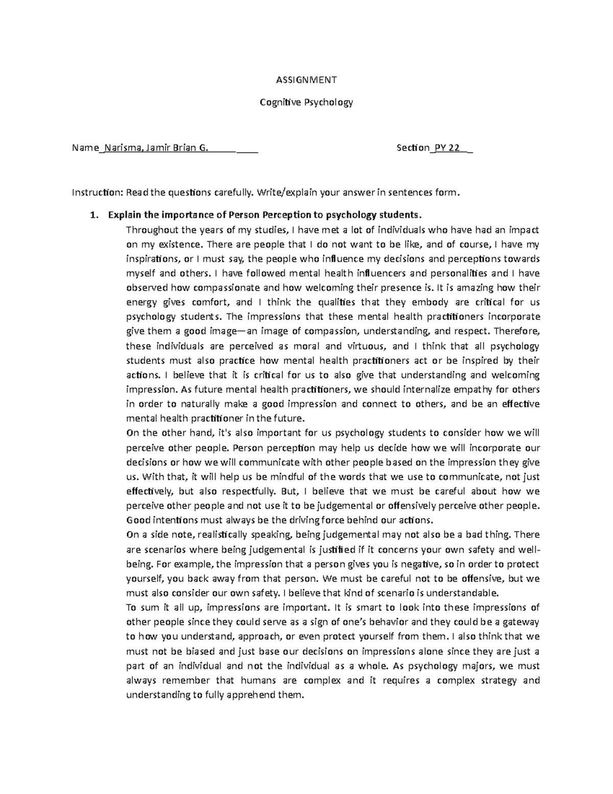 Narisma-PY22- Assignment-cognitive psych - ASSIGNMENT Cognitive ...