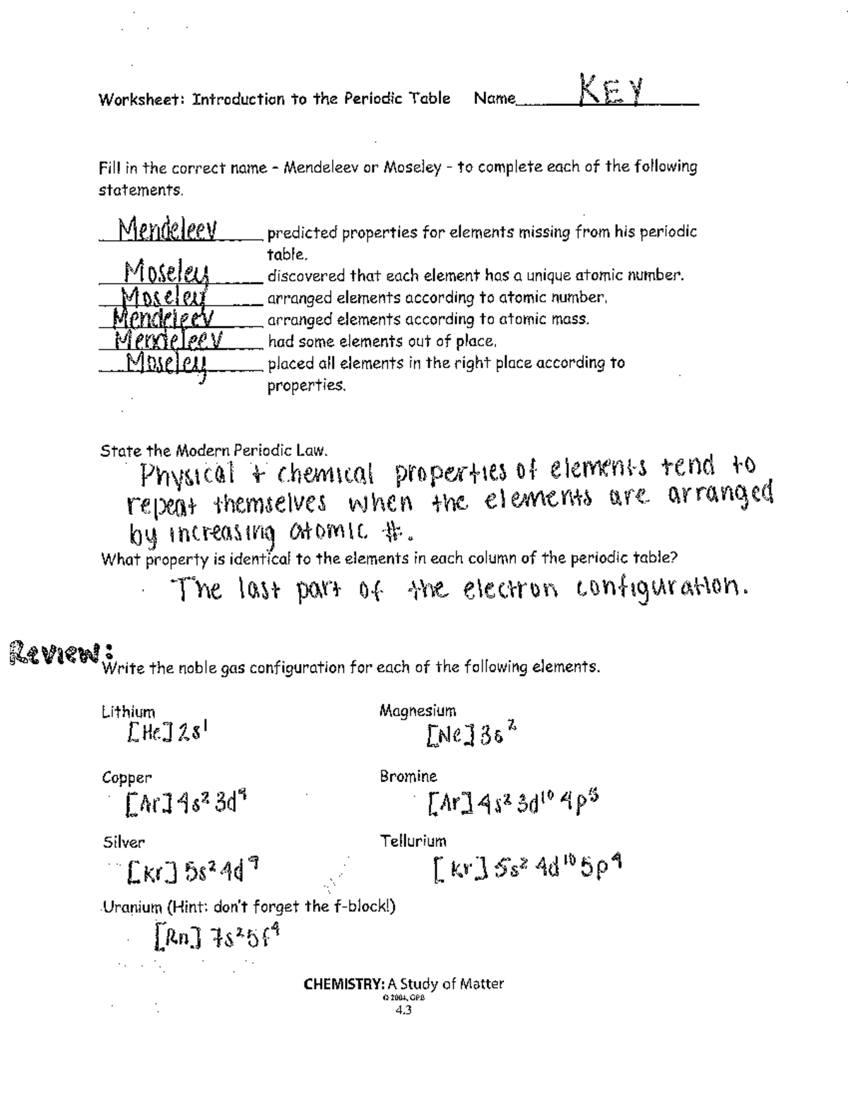 Video worksheet anwer key - Worksheet: Introduction to the Periodic ...