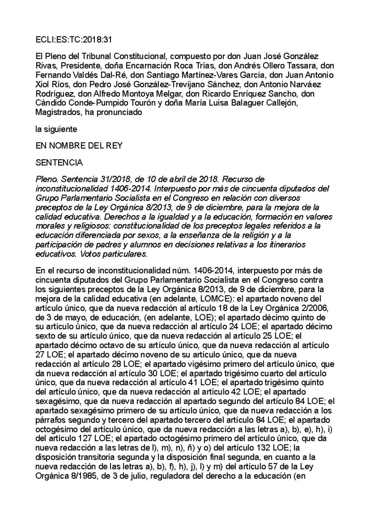 STC 31 2018 Educación diferenciada - ECLI:ES:TC:2018: El Pleno del ...