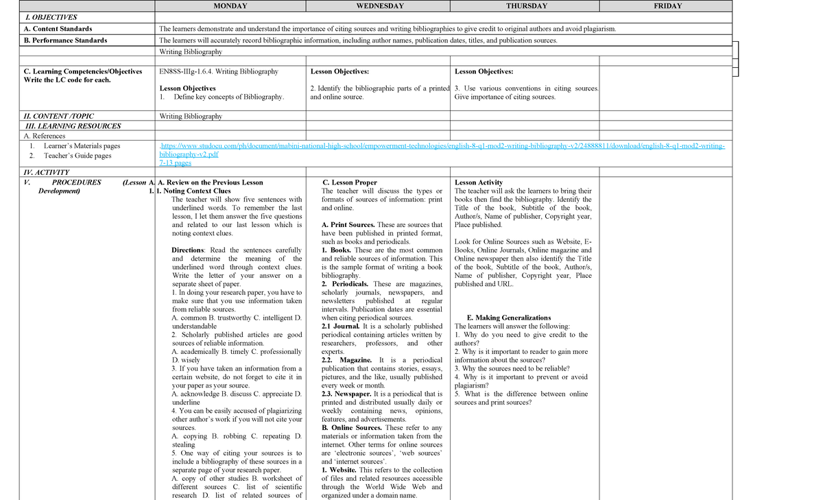 English 8 DLL Bibliography W2 - GRADES 1 to 12 DAILY LESSON LOG School ...