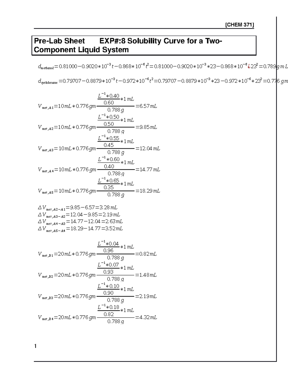 lab report for exp 8 - [CHEM 371] Pre-Lab Sheet EXP#:8 Solubility Curve ...