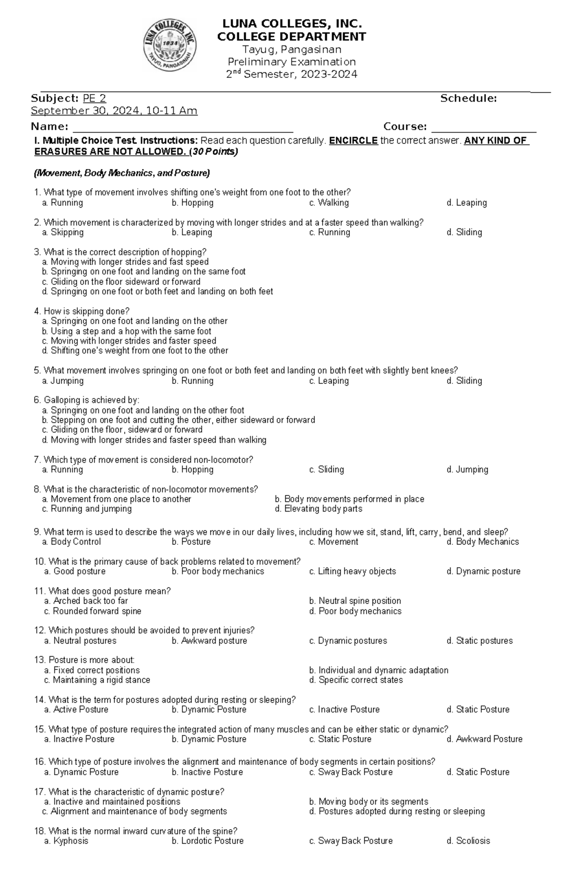 Prelim EXAM - 1ST YEAR - exam - I. Multiple Choice Test. Instructions ...