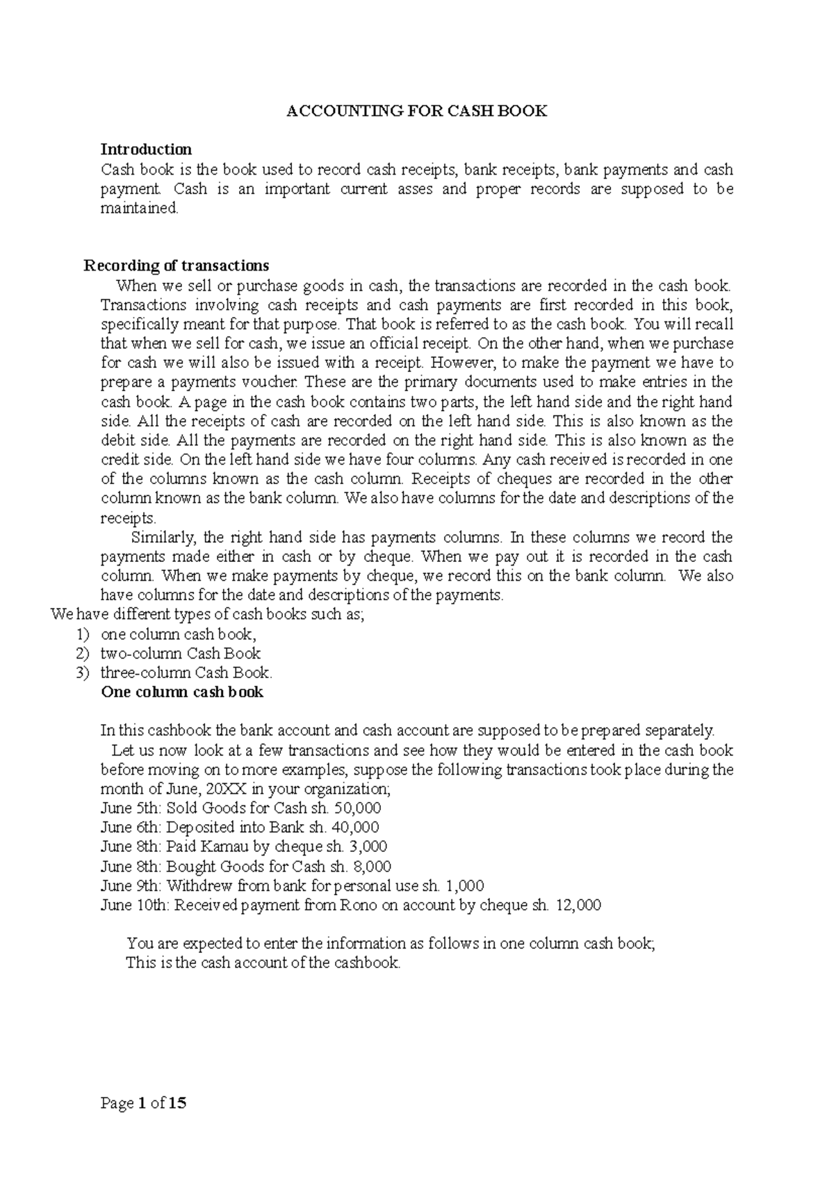 Accounting FOR CASH - good - ACCOUNTING FOR CASH BOOK Introduction Cash ...