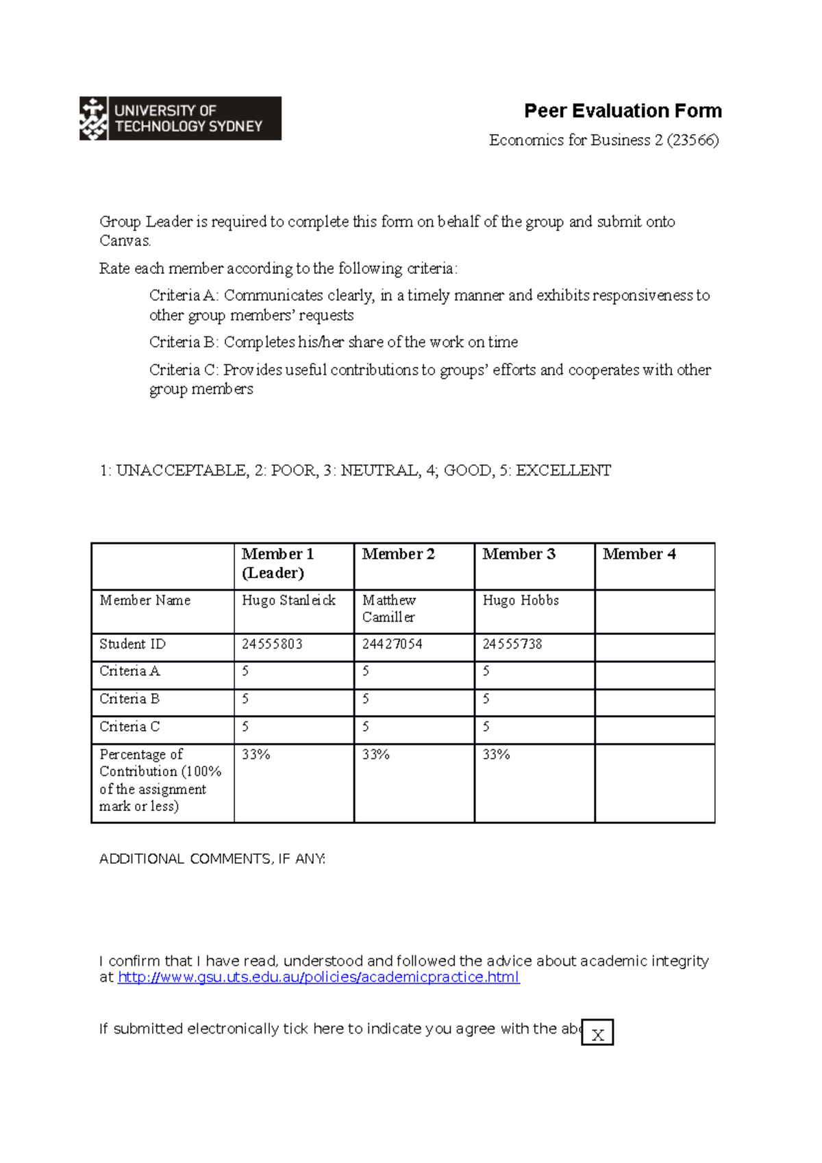 23566 Peer Evaluation Form - Peer Evaluation Form Economics for ...