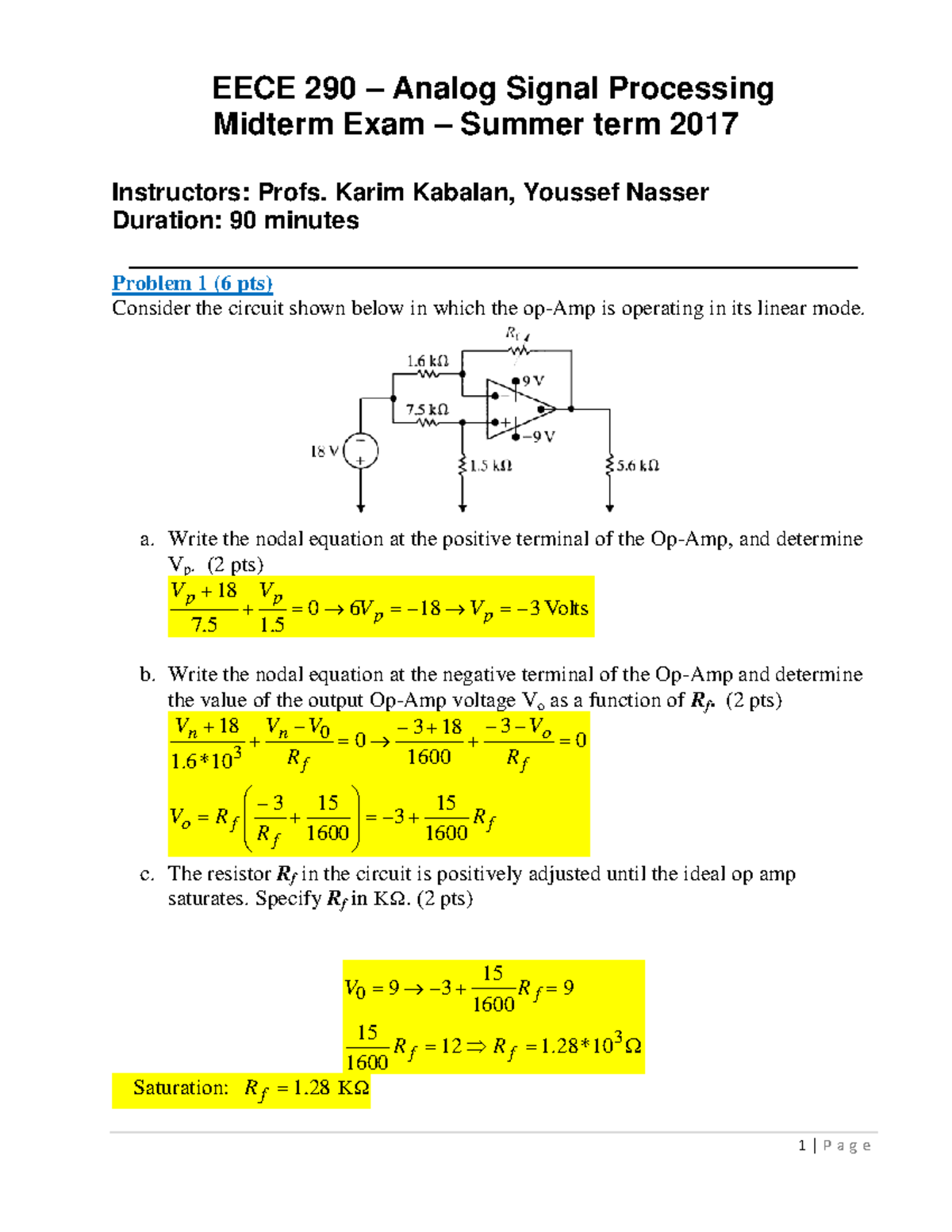 Midterm ExamSummer 2017Solution EECE 290 Analog Signal Processing