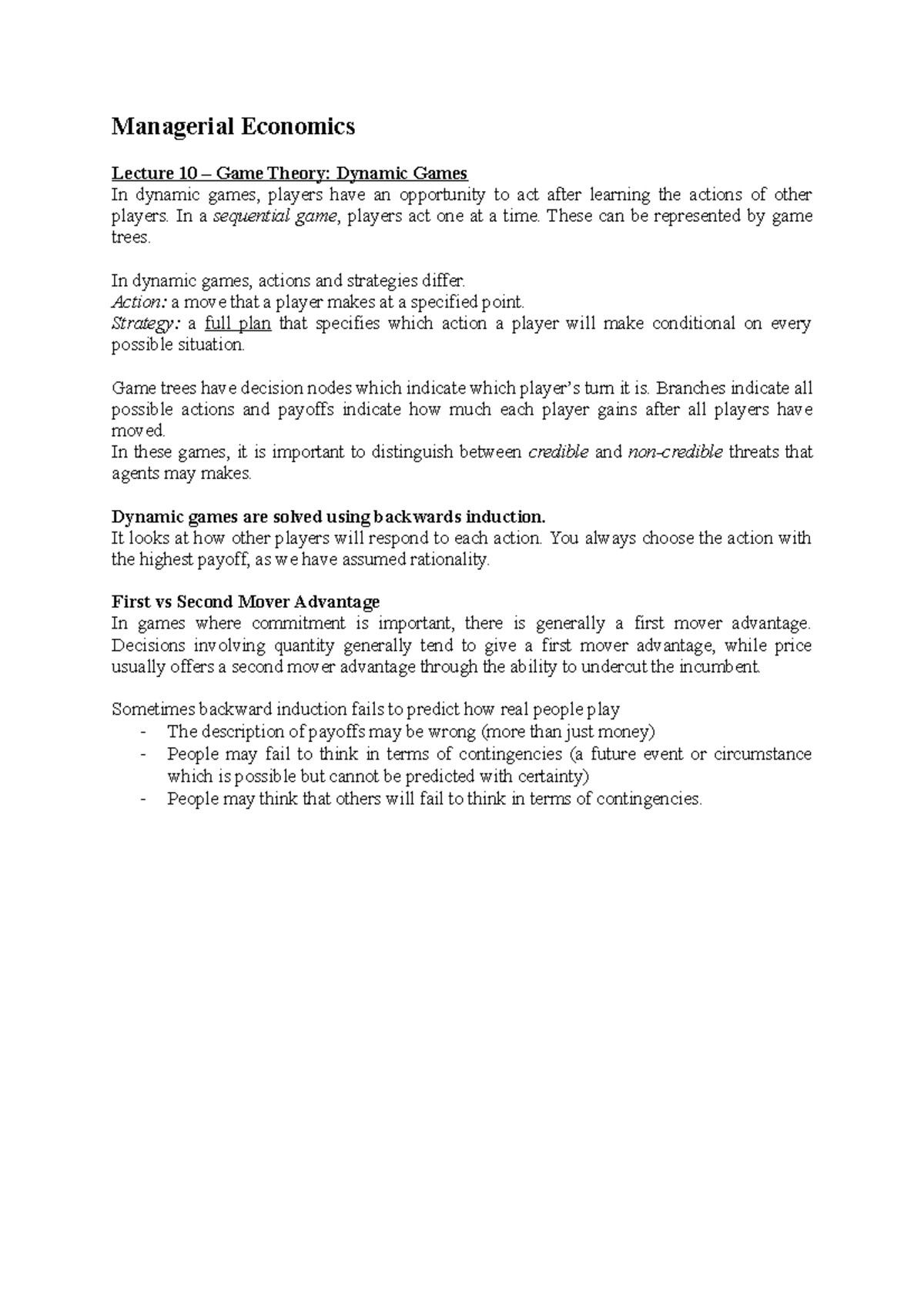 Managerial Economics - Lecture 10 - Managerial Economics Lecture 10 – Game  Theory: Dynamic Games In - Studocu