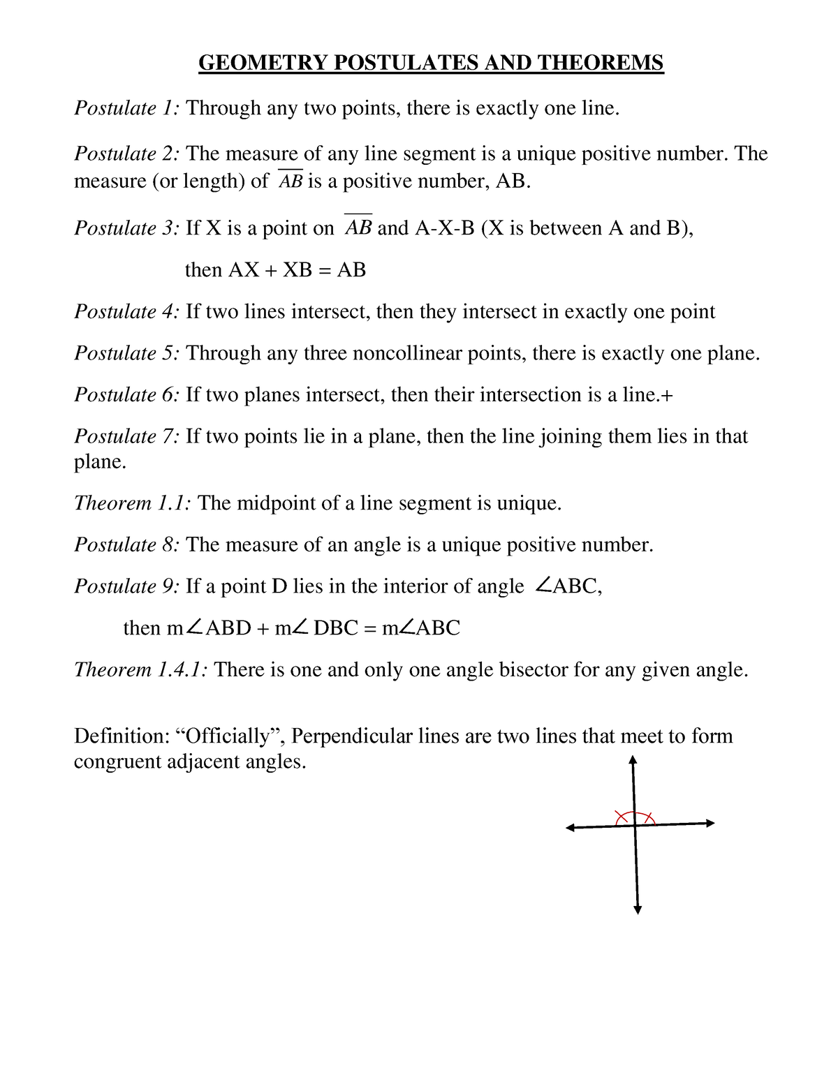 Postulatesand Theorems Geometry Postulates And Theorems Postulate 1 Through Any Two Points 4295