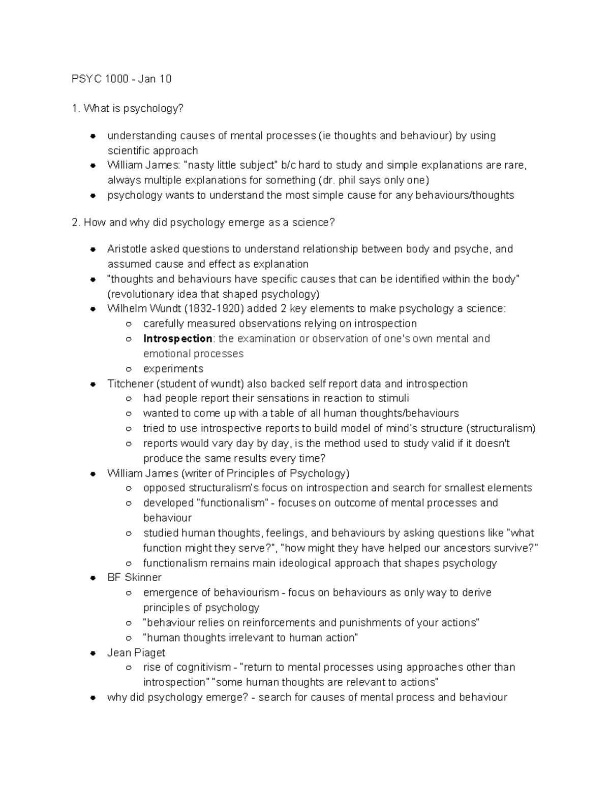 Midterm Notes - PSYC 1000 - Jan 10 1. What is psychology? understanding ...