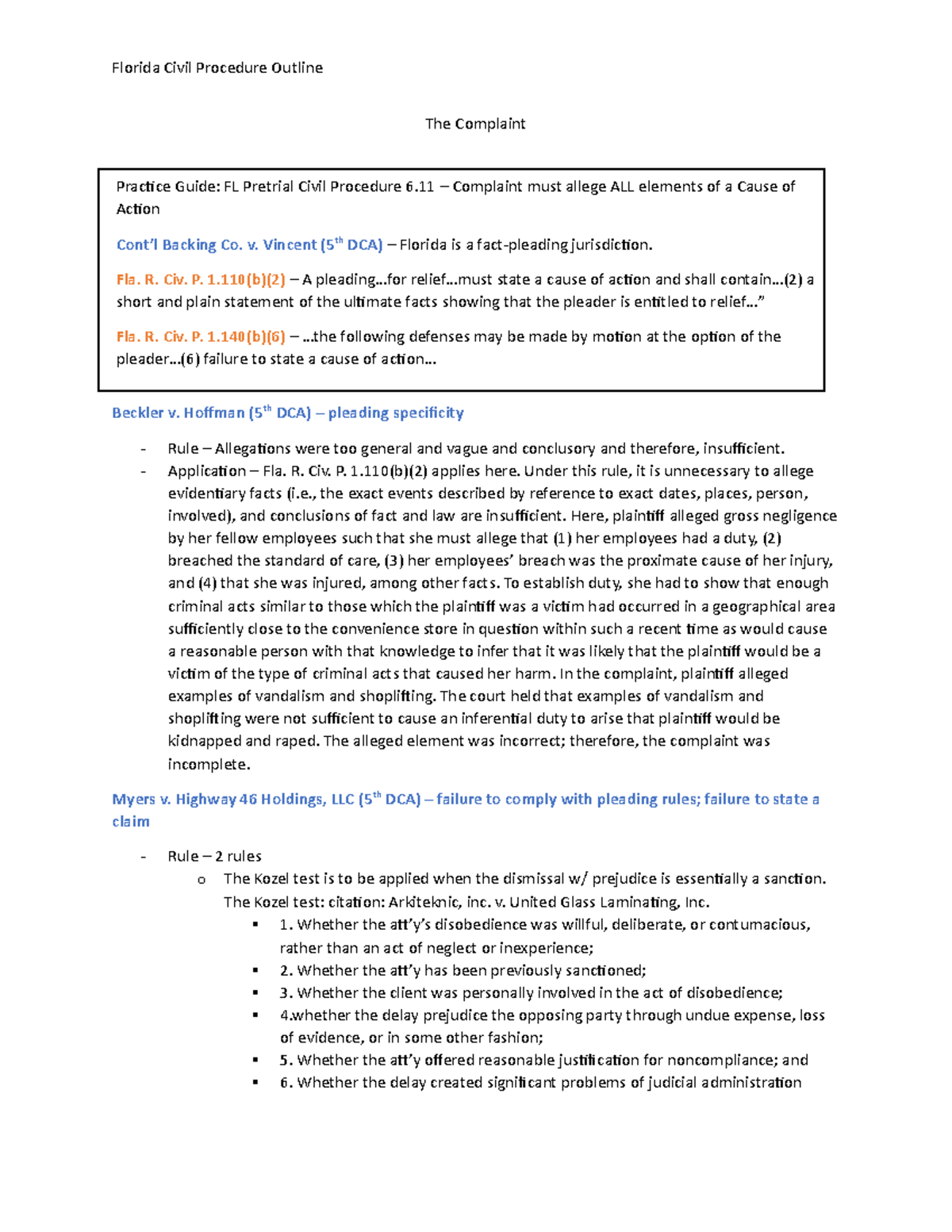 Florida Civil Procedure Outline - The Complaint Beckler v. Hoffman (5th ...