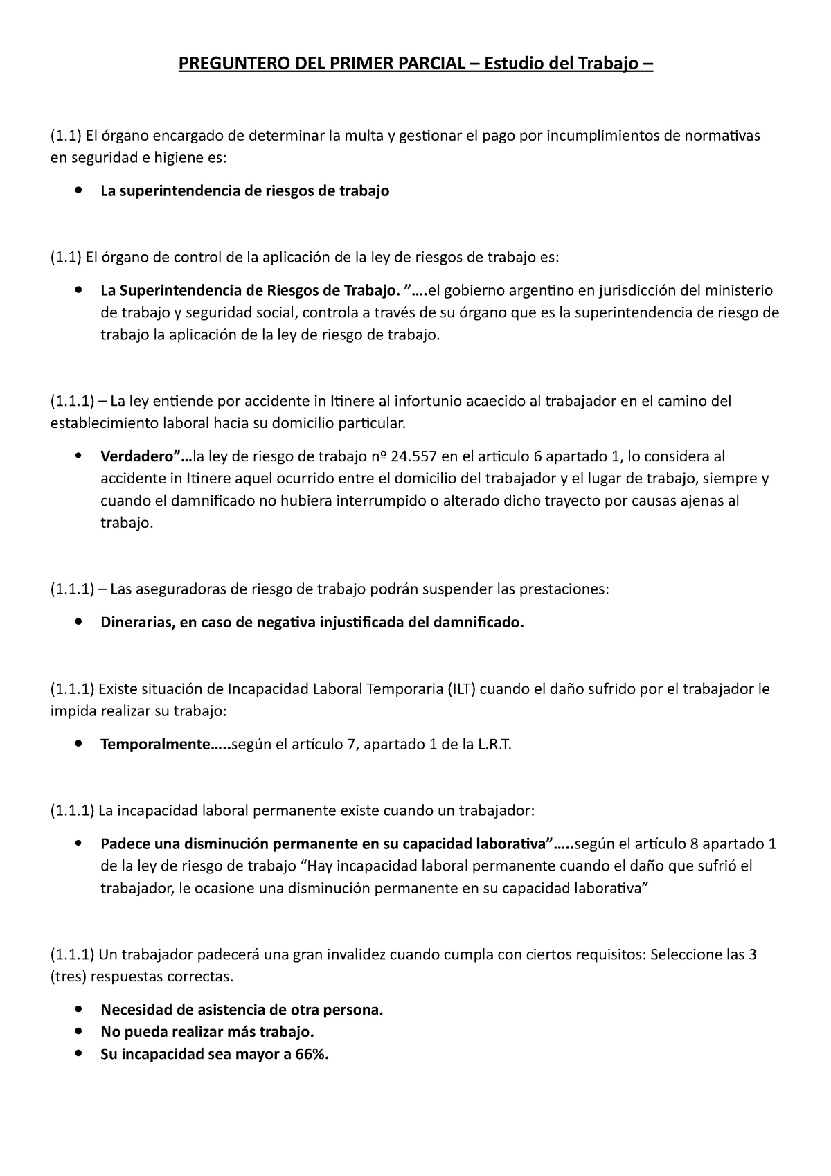 1° Parcial - Estudio DEL Trabajo - Agosto 2019 - PREGUNTERO DEL PRIMER ...