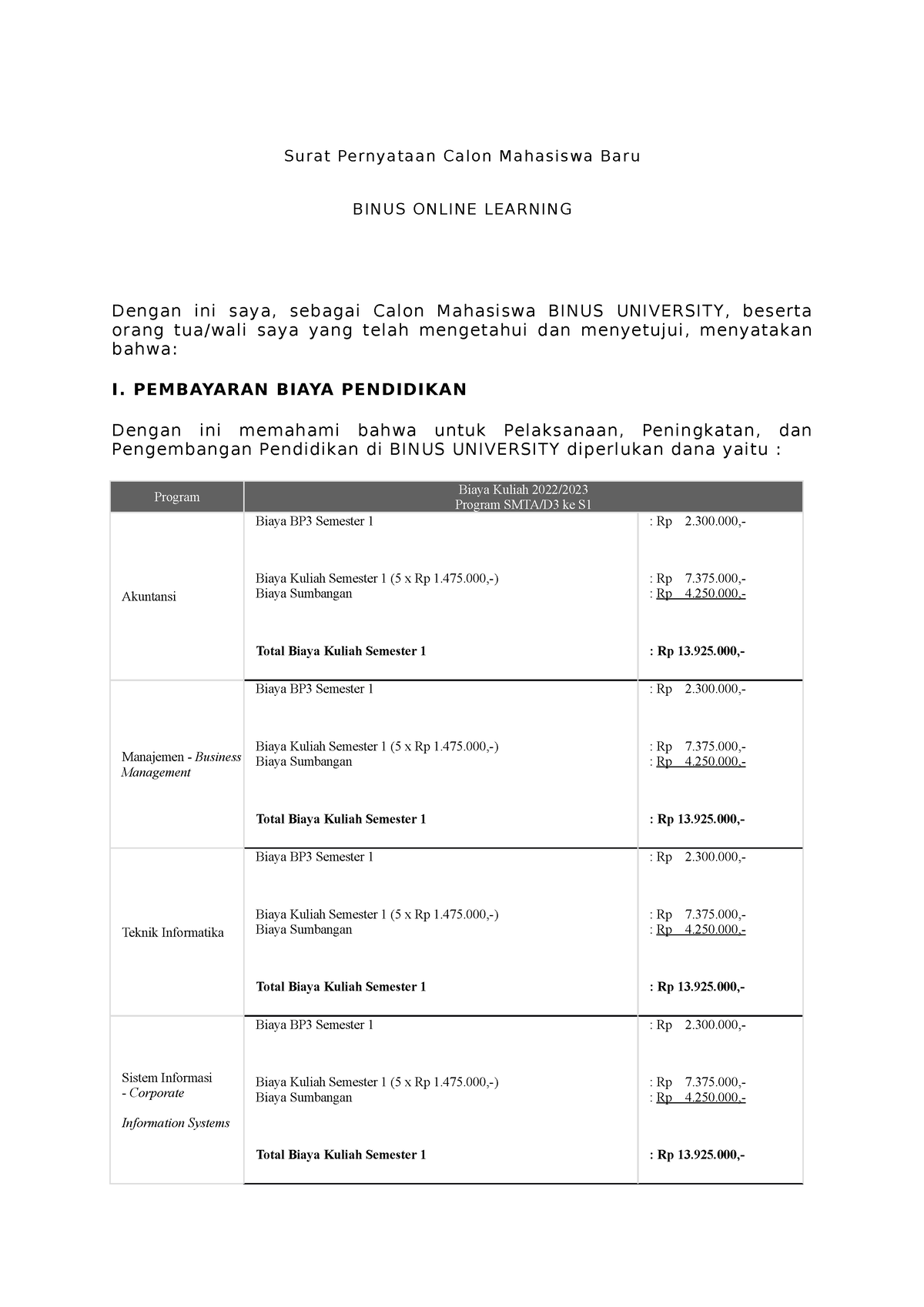 Biaya Kuliah S1 Binus Surat Pernyataan Calon Mahasiswa Baru Binus 