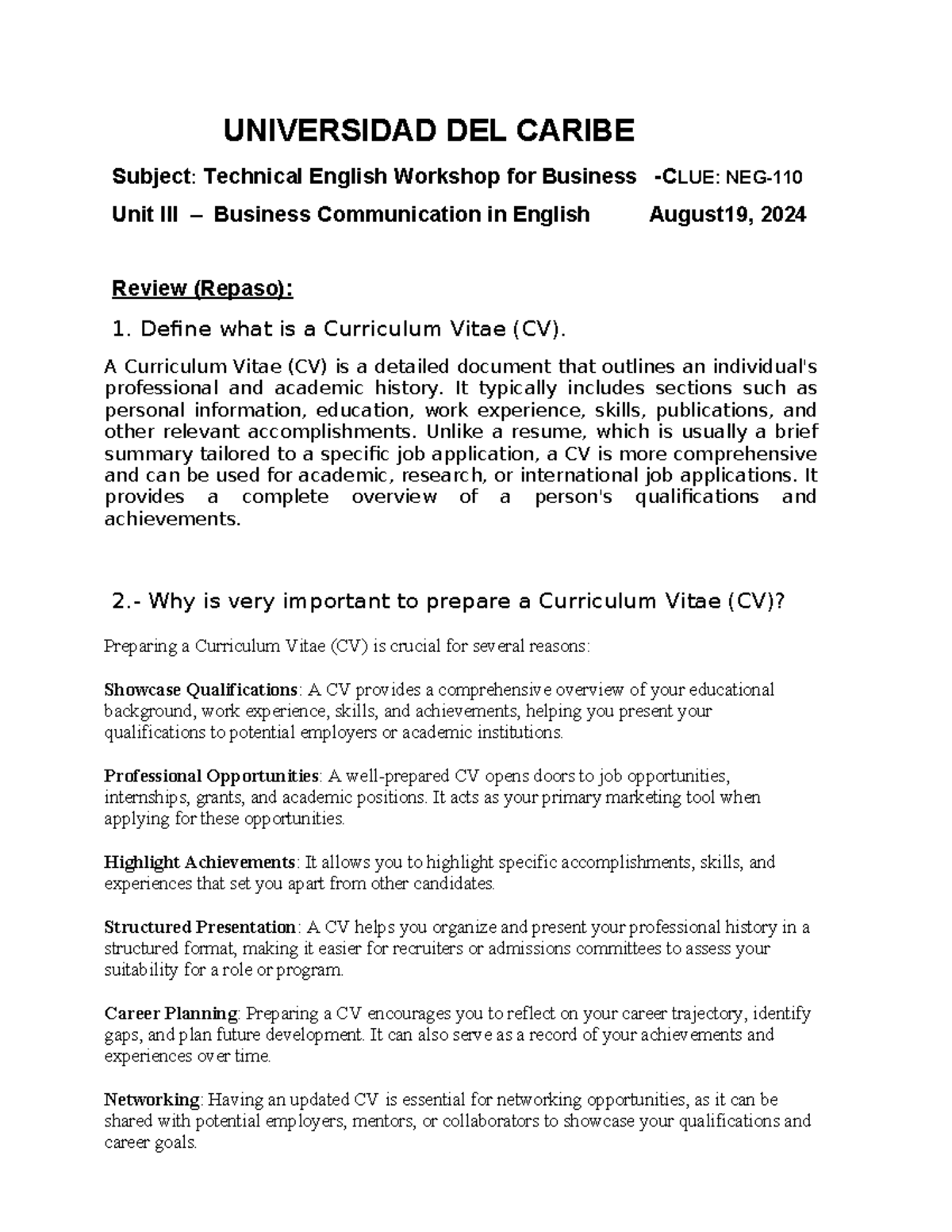 UNIT 3 - Repaso- Business Communication IN English - Lunes - Nocturno ...