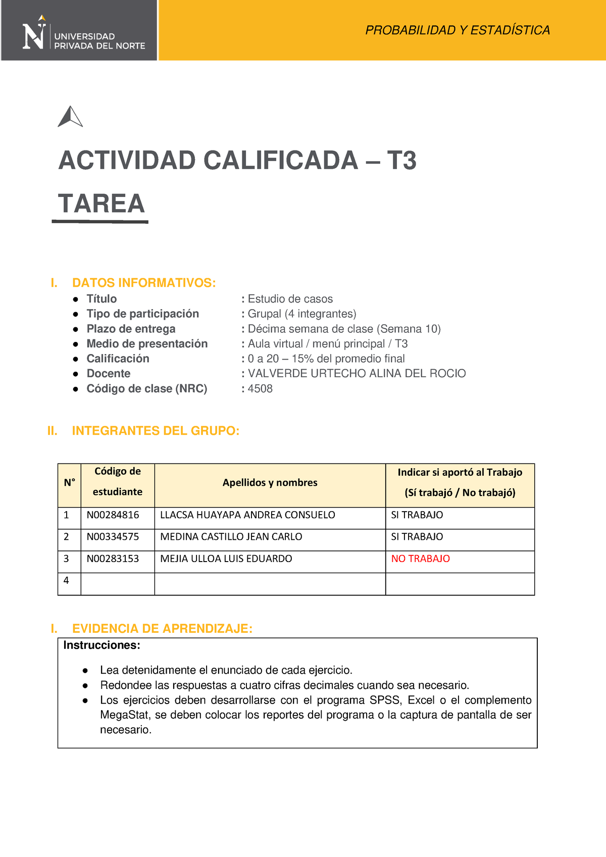 Emanex T3 Probabilidad Y Estadistica - ACTIVIDAD CALIFICADA – T TAREA I ...