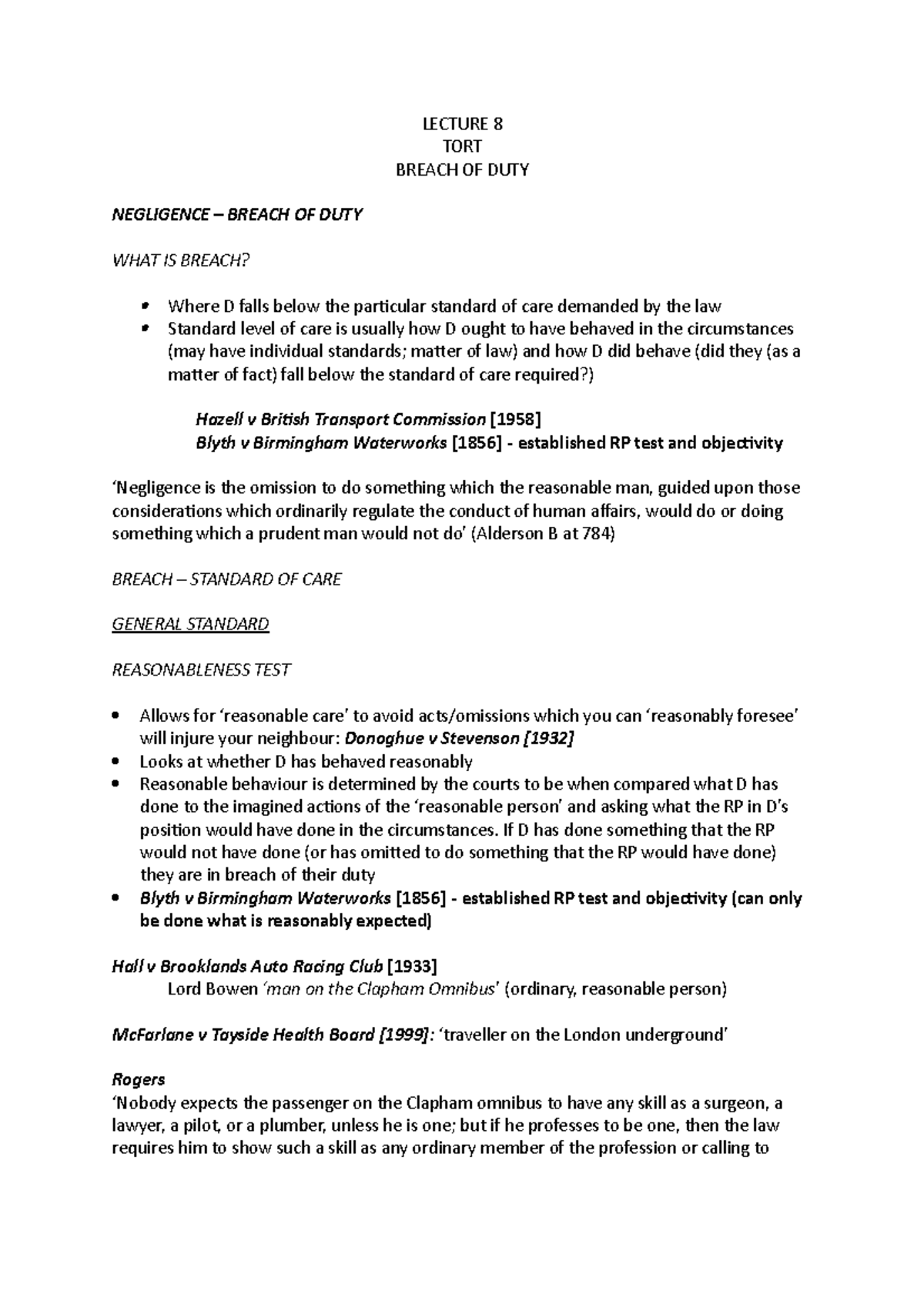 Lecture 8 - breach of duty notes - LECTURE 8 TORT BREACH OF DUTY ...