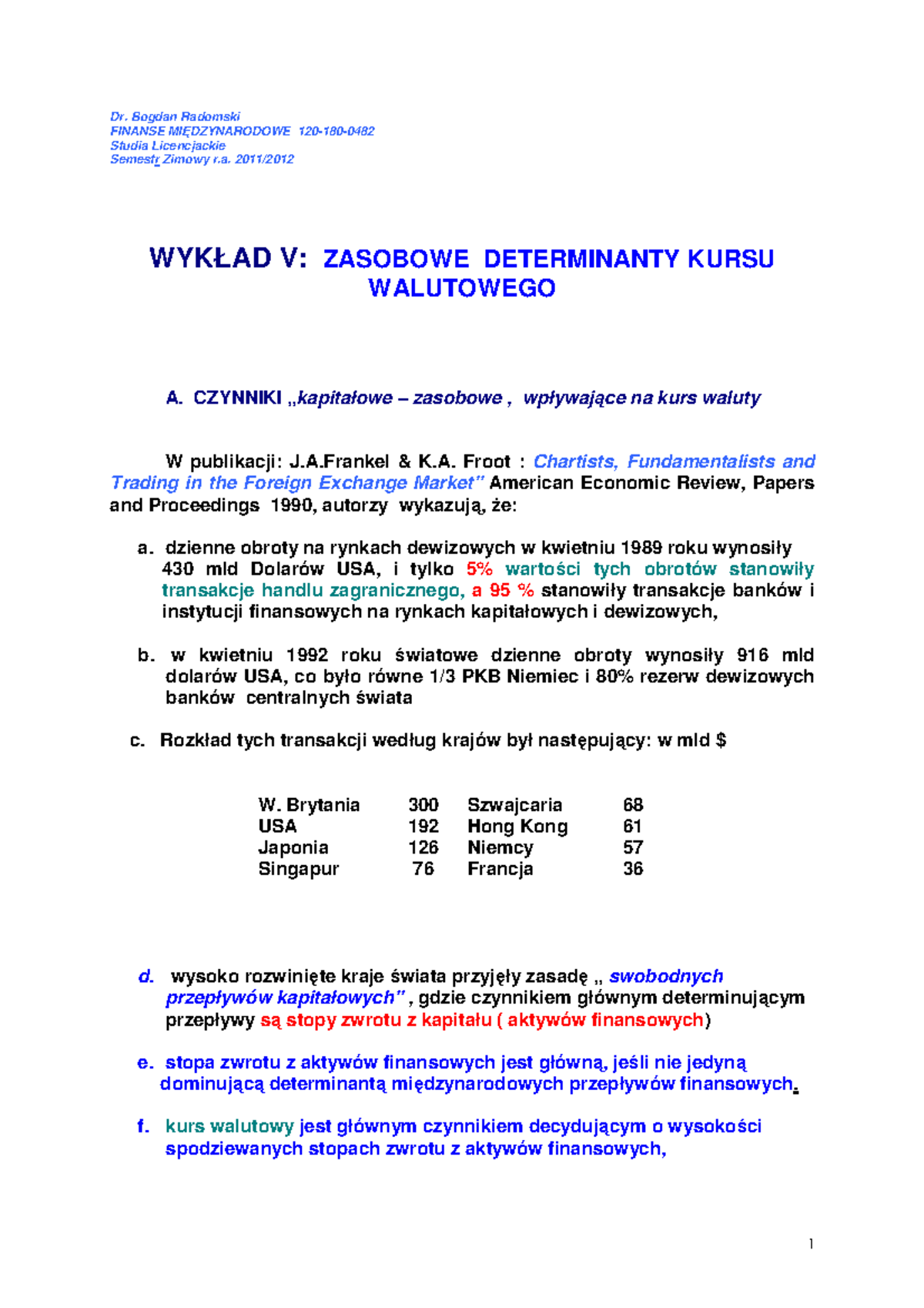 Finanse Wykład 5 - Dr. Bogdan Radomski FINANSE MI DZYNARODOWE 120-180 ...