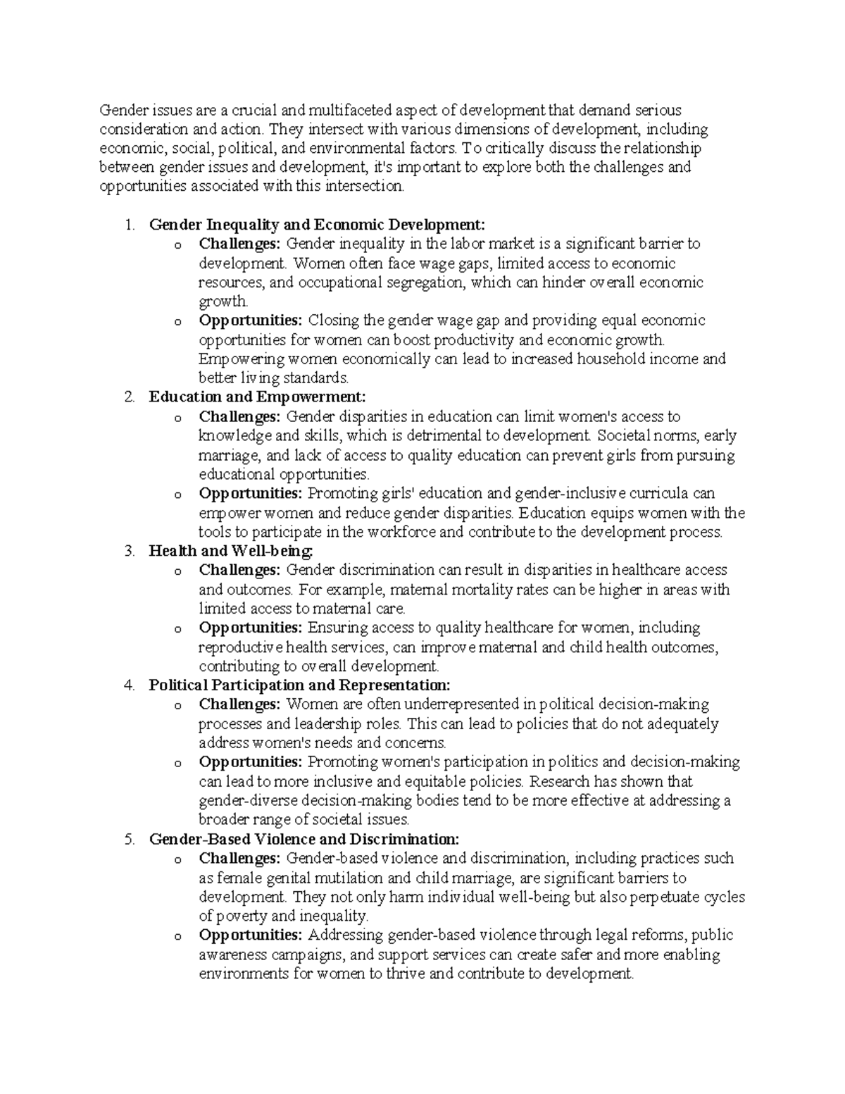 Development assignment - Gender issues are a crucial and multifaceted ...