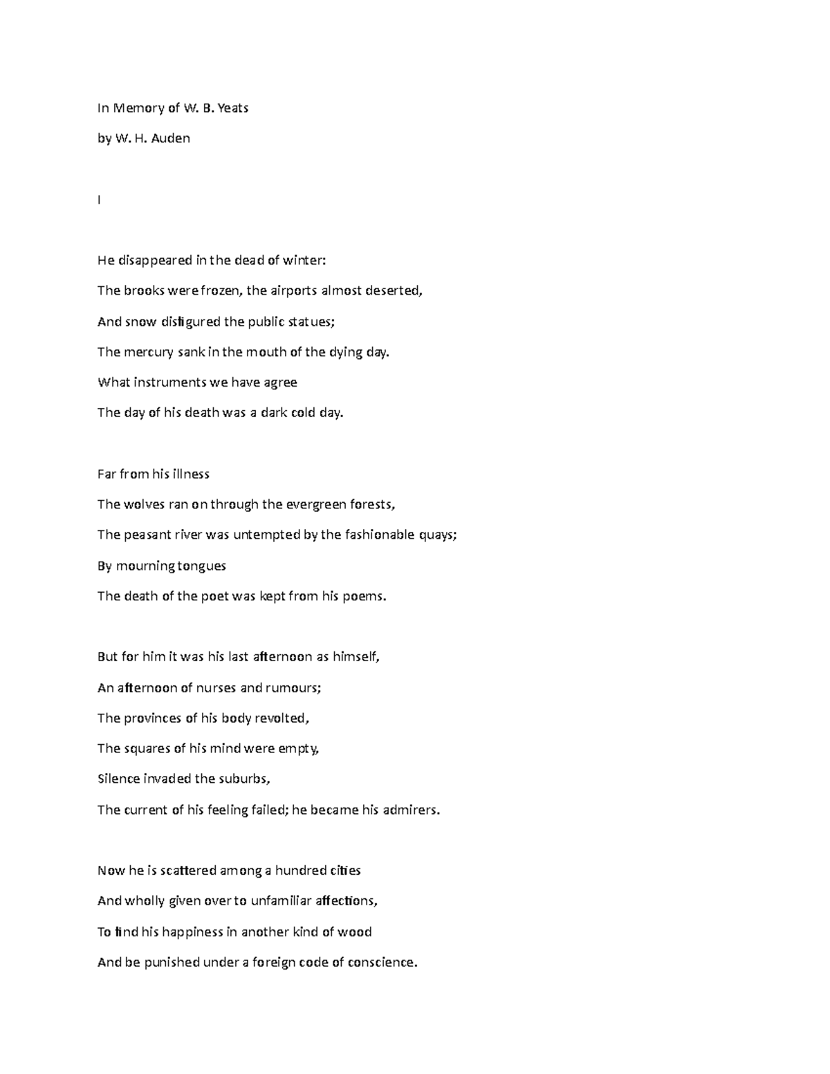 Poem For Essay Reference - In Memory Of W. B. Yeats By W. H. Auden I He 