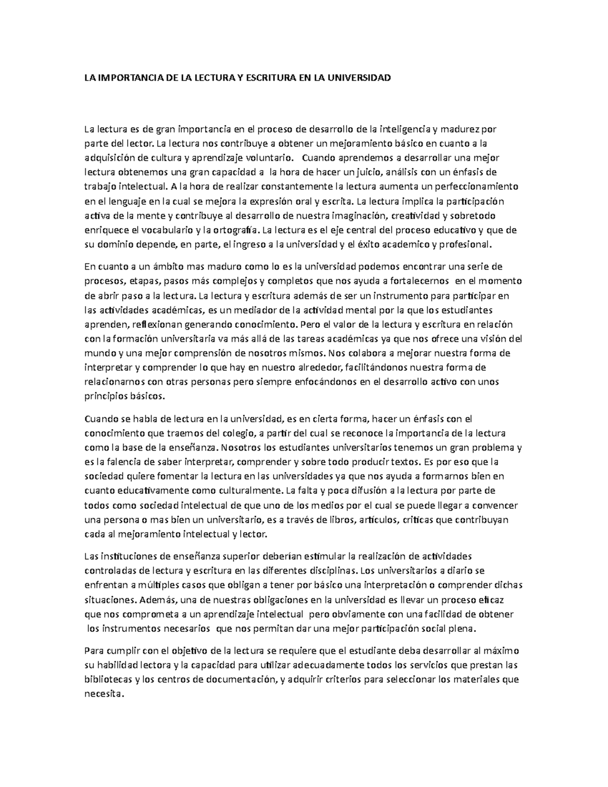 LA Importancia DE LA Lectura Y Escritura EN LA Universidad - LA ...