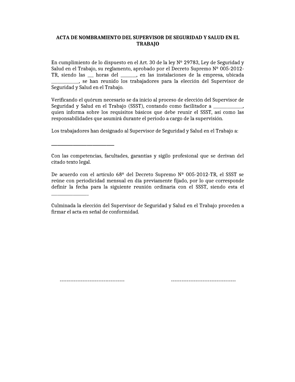 Ssst Acta De Nombramiento Del Supervisor De Seguridad Y Salud En El