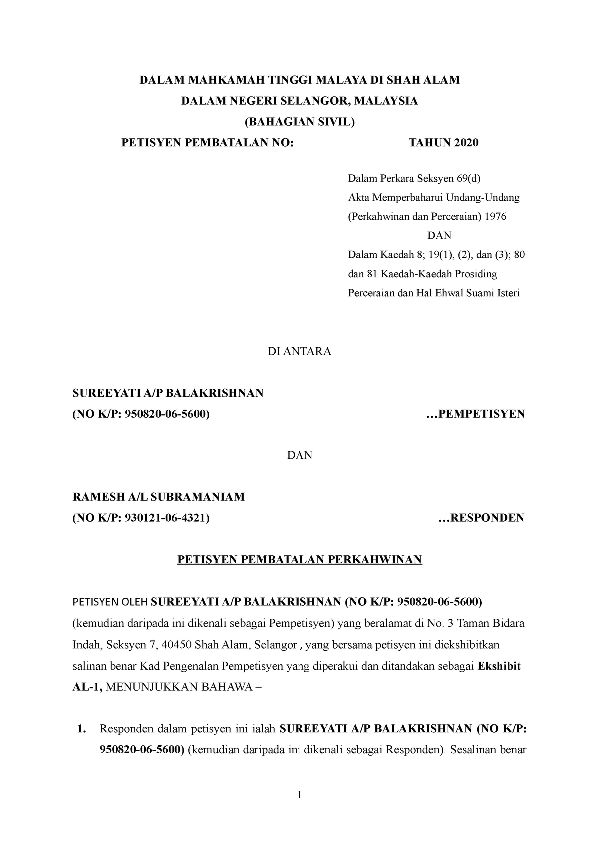 Form 2; Annulment of Marriage - Law - LAW224 - UiTM - StuDocu