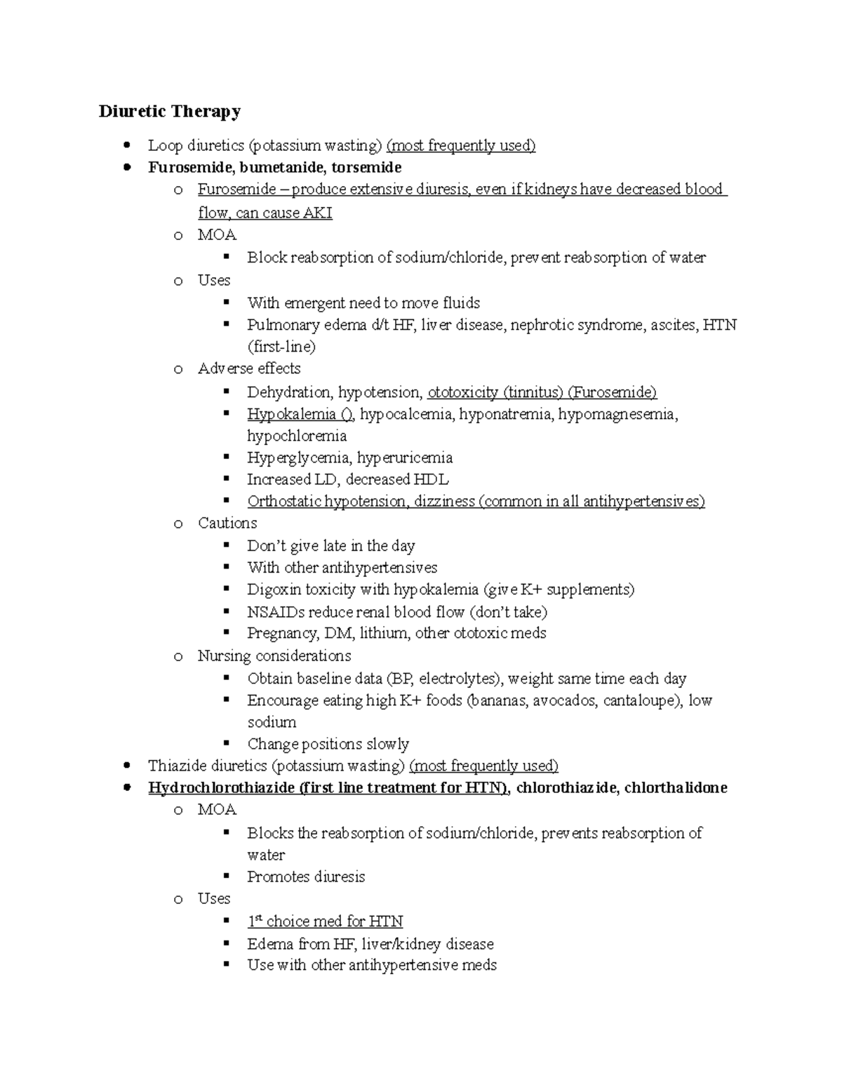 Pharm II Exam 2 Study Guide - Diuretic Therapy Loop diuretics ...