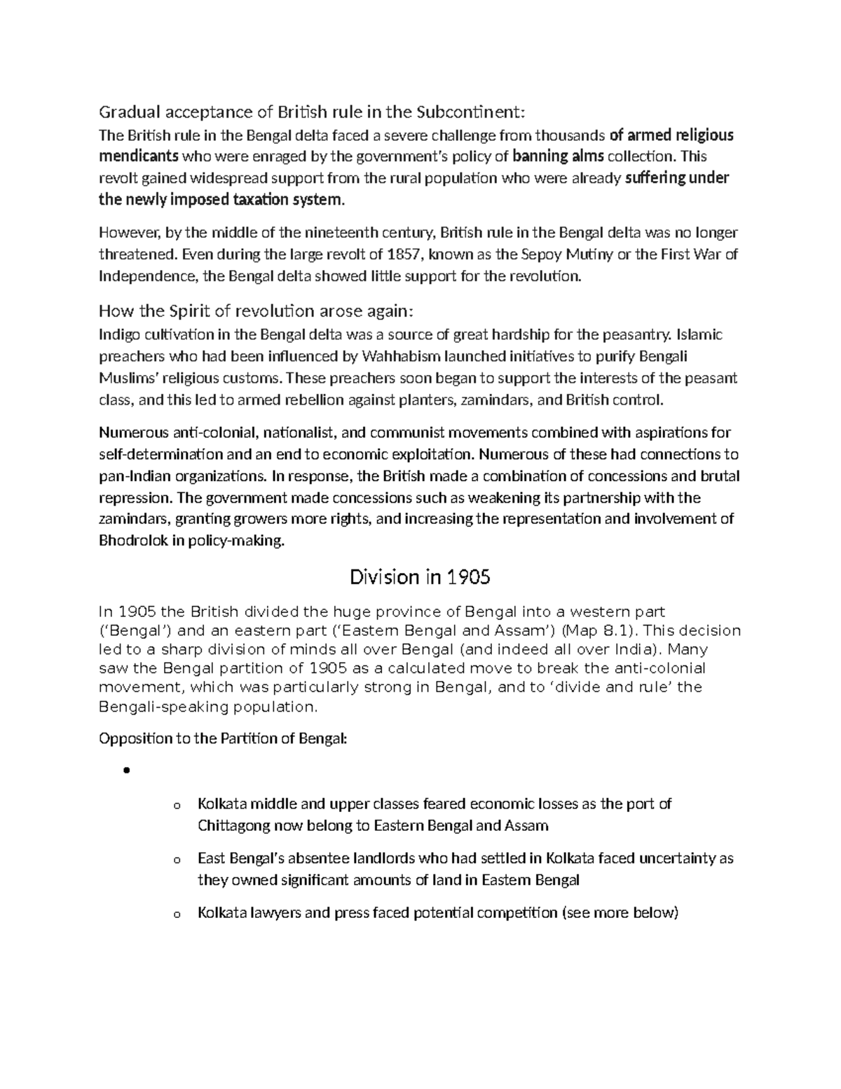 Notes on Colonial Conflicts and Partition of 1905 - Gradual acceptance ...