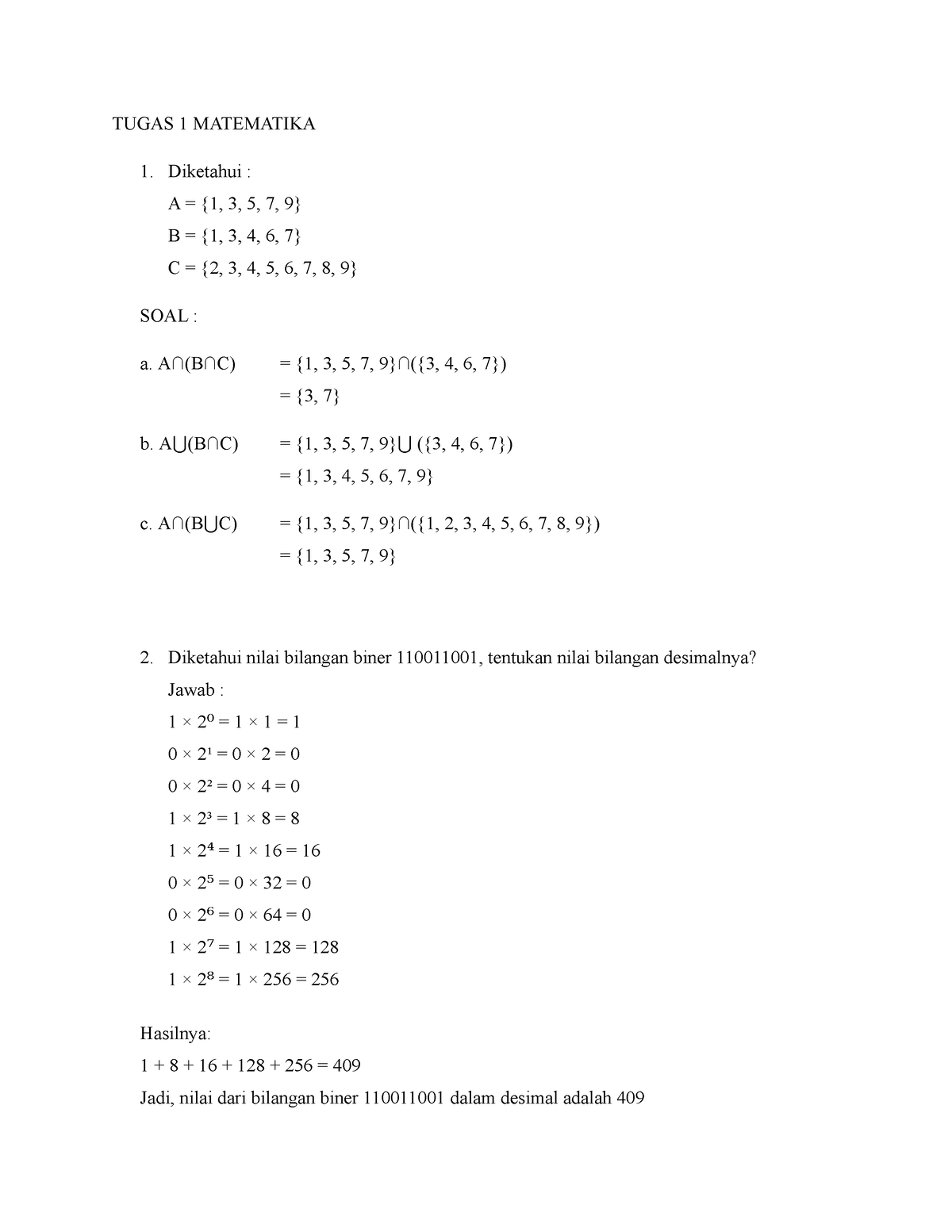 Tugas 1 Matematika - TUGAS 1 MATEMATIKA Diketahui : A = {1, 3, 5, 7, 9 ...