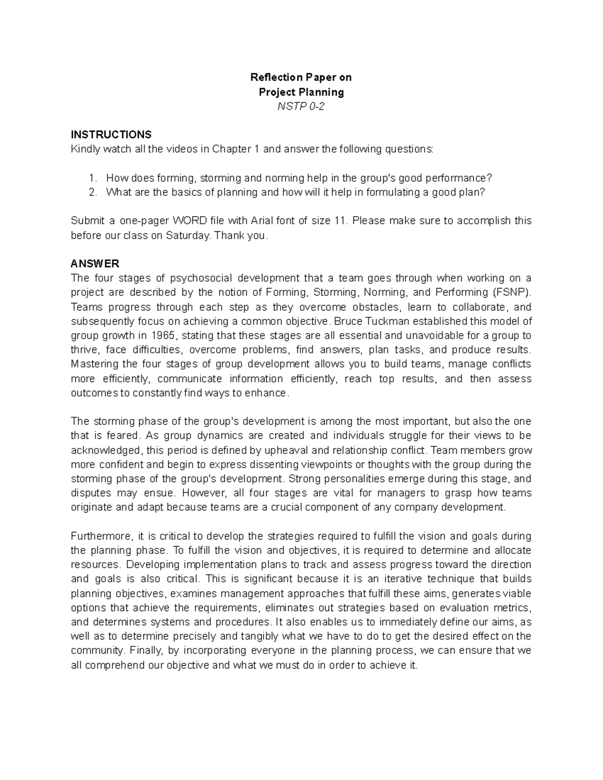 Reflection (Project Planning) - Reflection Paper on Project Planning ...