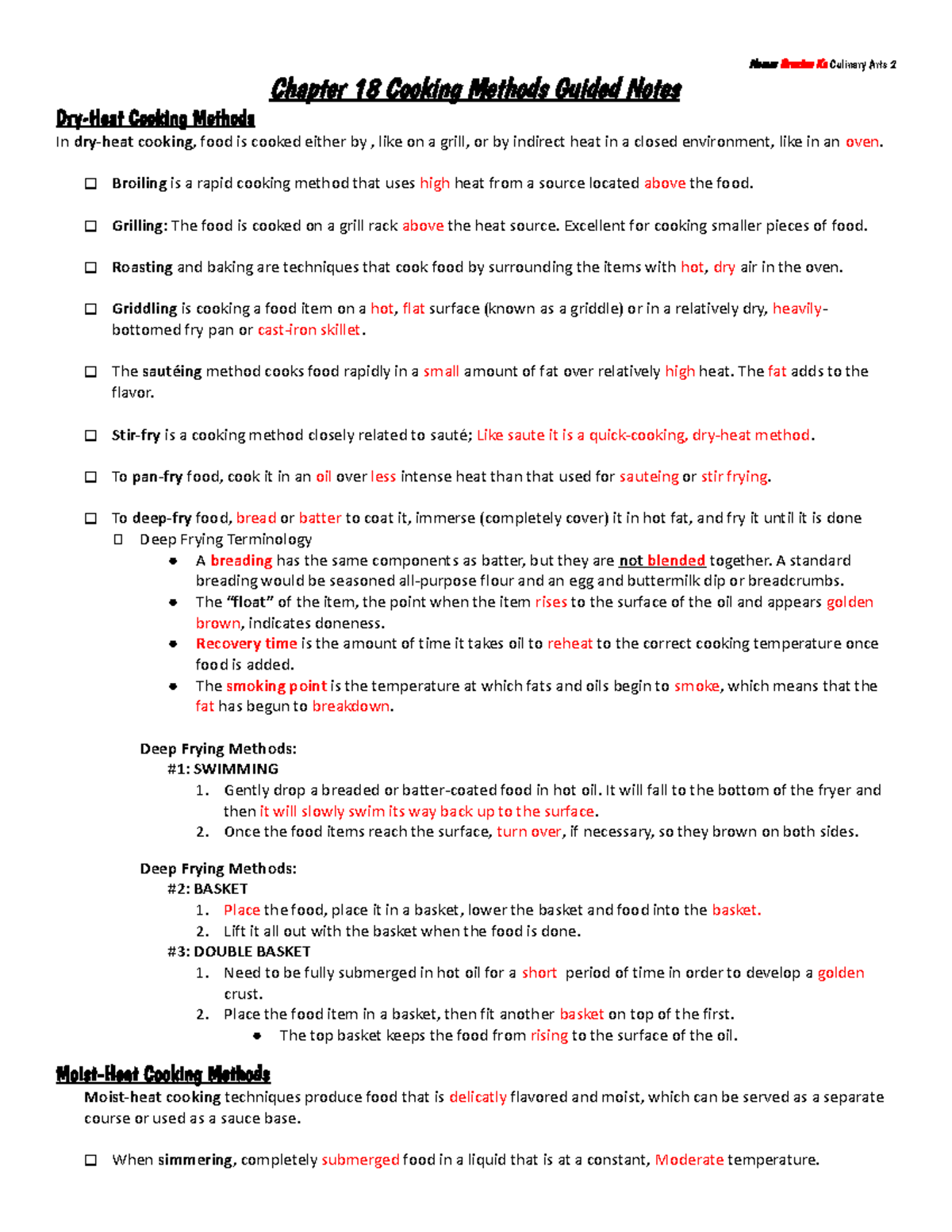 Copy of 23-24 Chapter 18 Cooking Methods Guided Notes - Name: Braxton ...