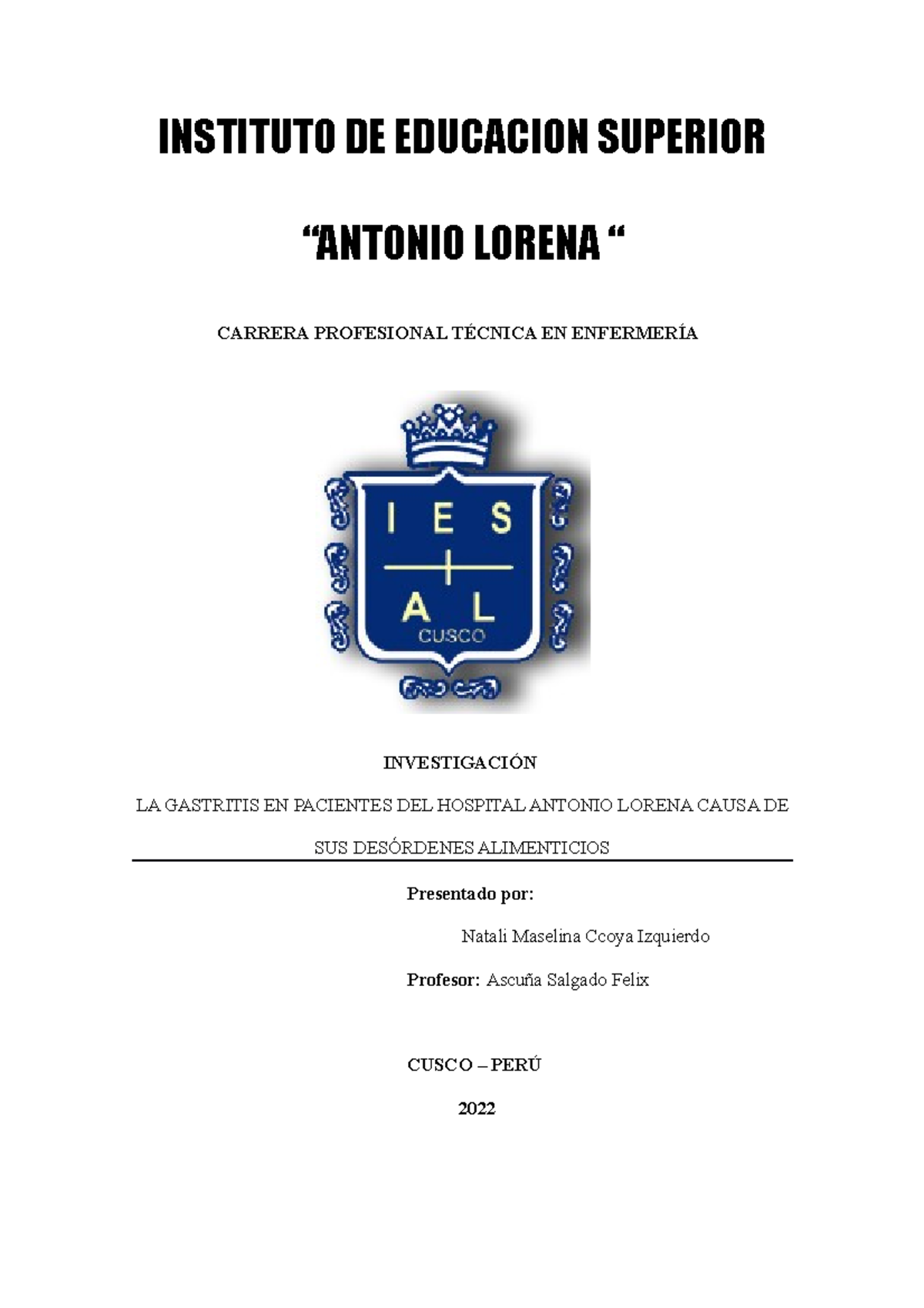 Instituto DE Educacion Superior Antonio Lorena INSTITUTO DE EDUCACION