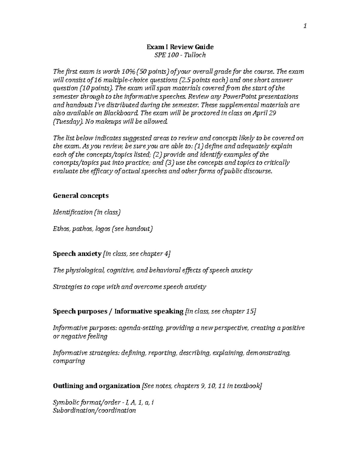 Exam I - Review Guide-2 - Exam I Review Guide SPE 100 - Tulloch The ...