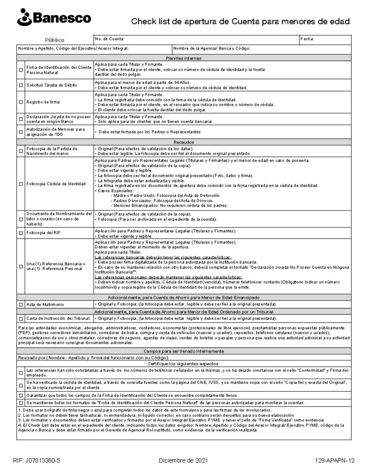 Check list Cuenta Menor de Edad - RIF: J07013380-5 Diciembre de 2021 ...