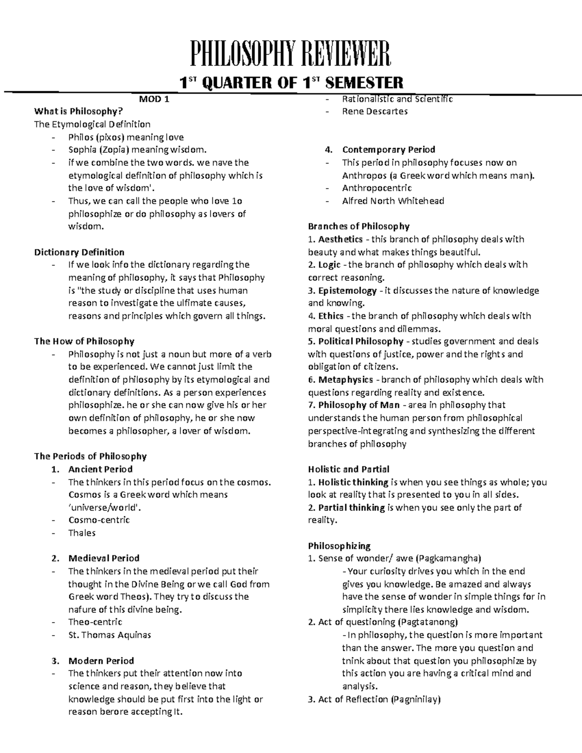 Philosophy Reviewer 1st Quarter - 1 ST QUARTER OF 1 ST SEMESTER MOD 1 ...