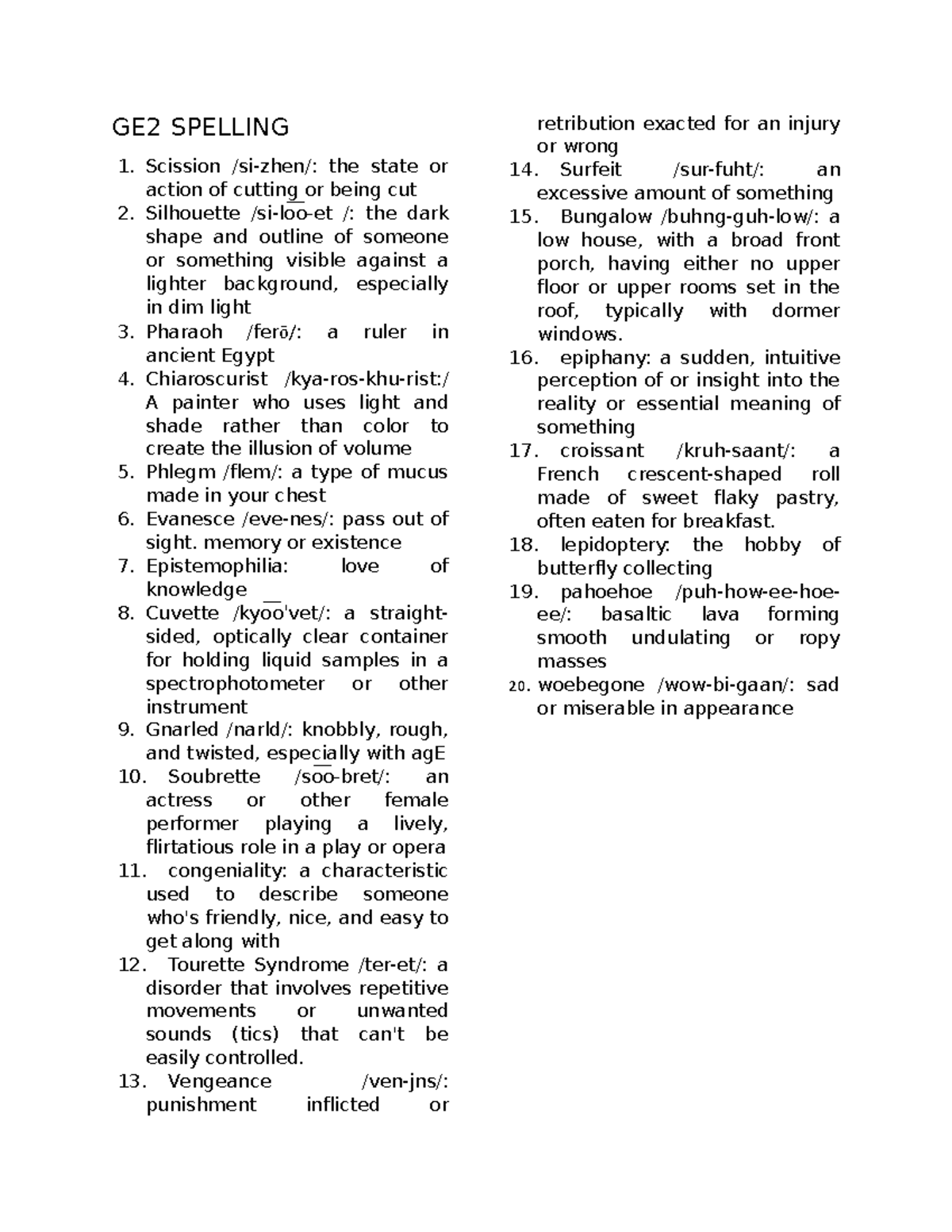 Spelling GE2 SPELLING Scission /sizhen/ the state or action of