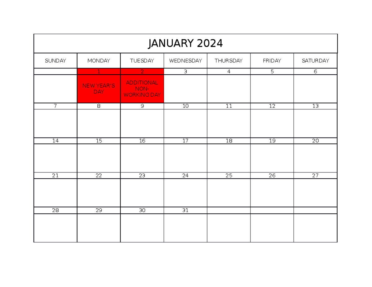 Calendar2024 rEPORT JANUARY 2024 SUNDAY MONDAY TUESDAY WEDNESDAY