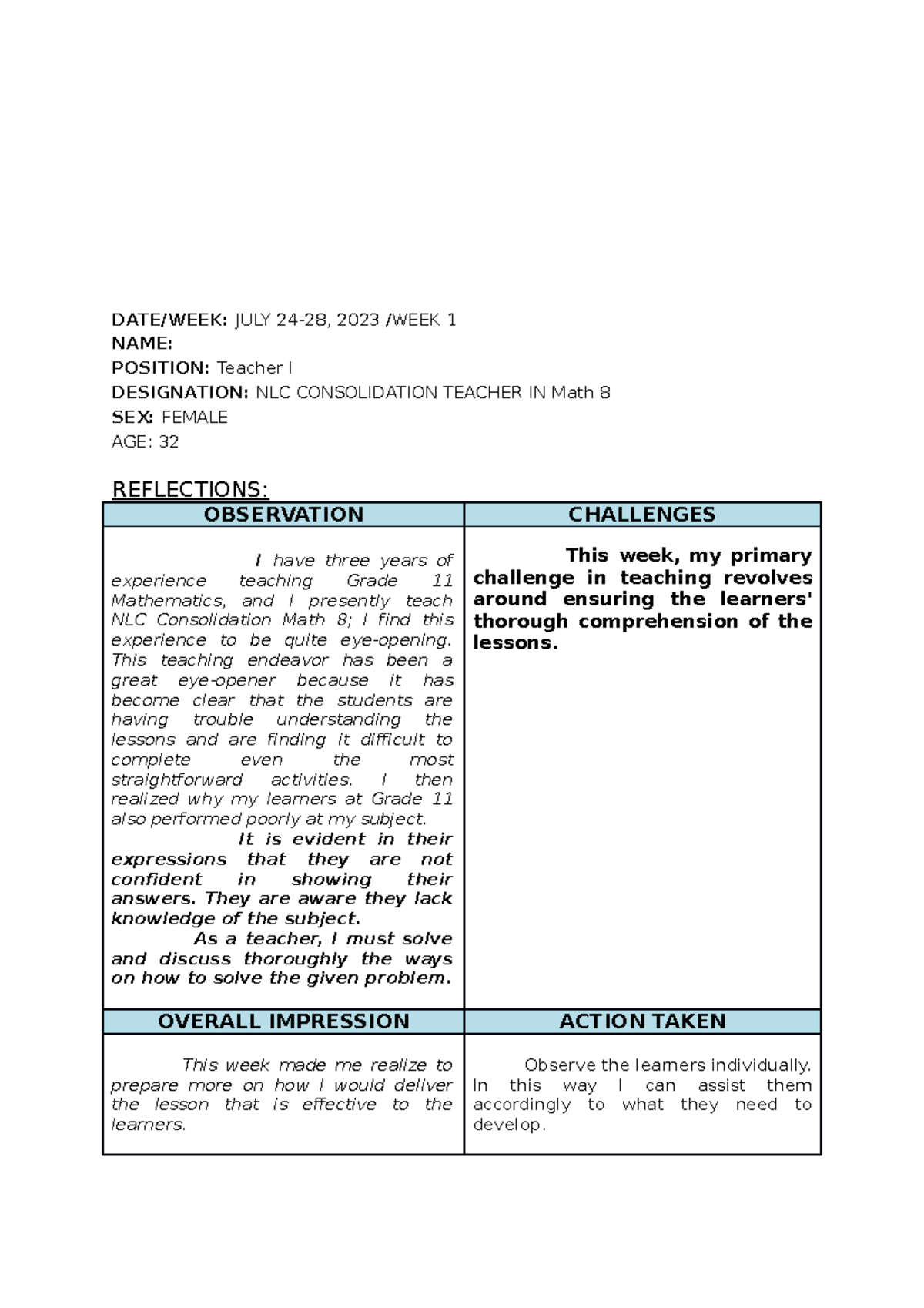 Reflection Journal - DATE/WEEK: JULY 24-28, 2023 /WEEK 1 NAME: POSITION ...