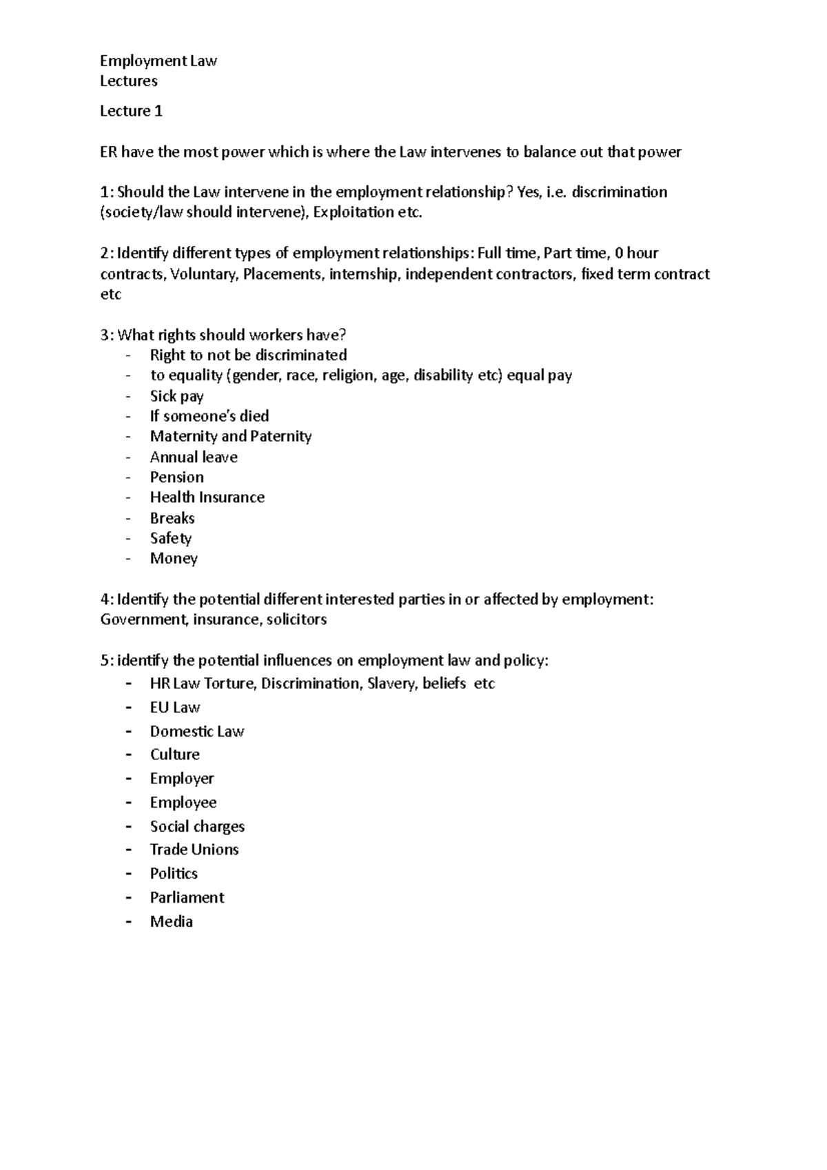 Employment Law Lectures - Lectures Lecture 1 ER have the most power ...